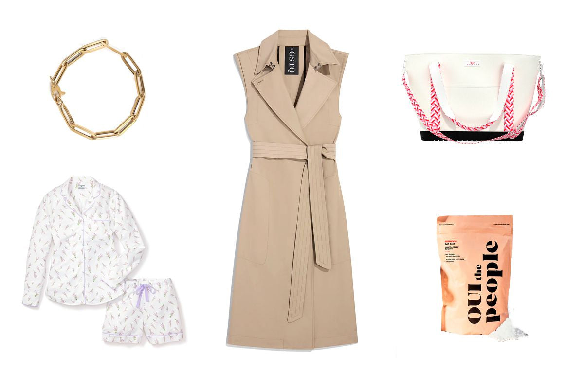 gold bracelet, pajama set, duster coat, tote bag, powder supplement