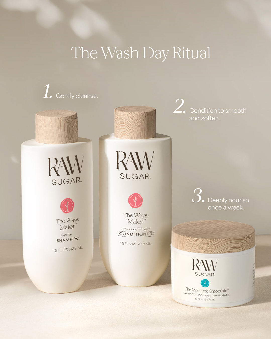 RAW Sugar hair care products with step-by-step instructions on a neutral background