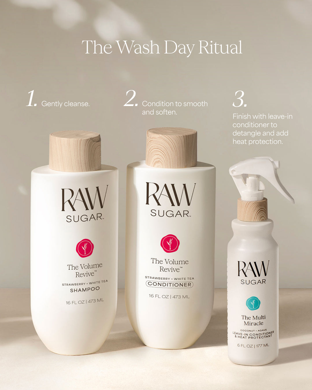 Three bottles of Raw Sugar hair care products on a neutral background with text 'The Wash Day Ritual'.