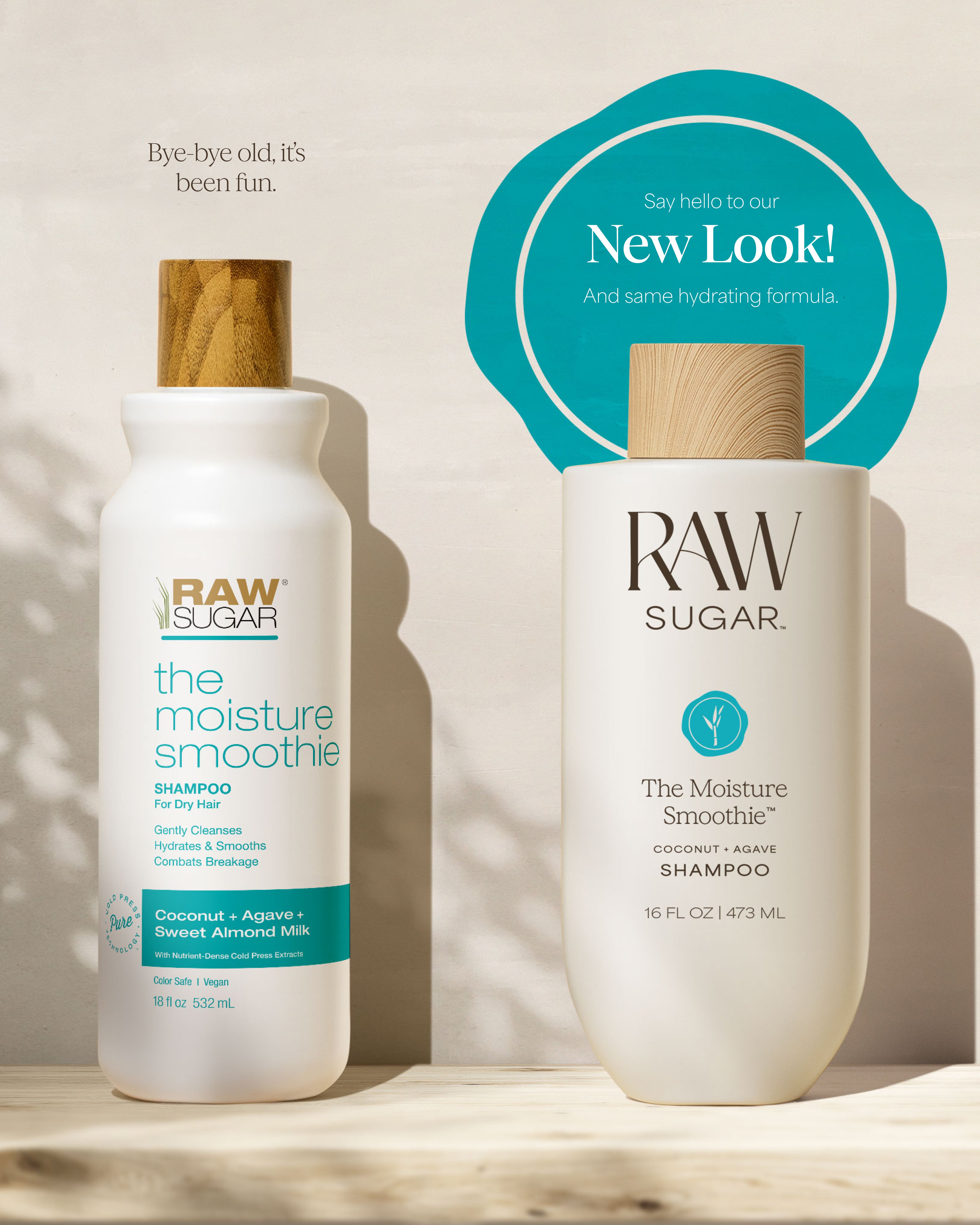 Two bottles of Raw Sugar shampoo on a wooden surface with a 'New Look' promotional graphic.
