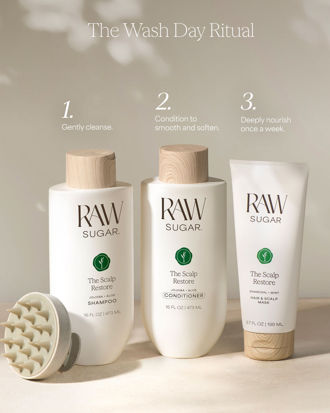 Three RAW Sugar hair care products on a neutral background with text indicating a 'Wash Day Ritual'.