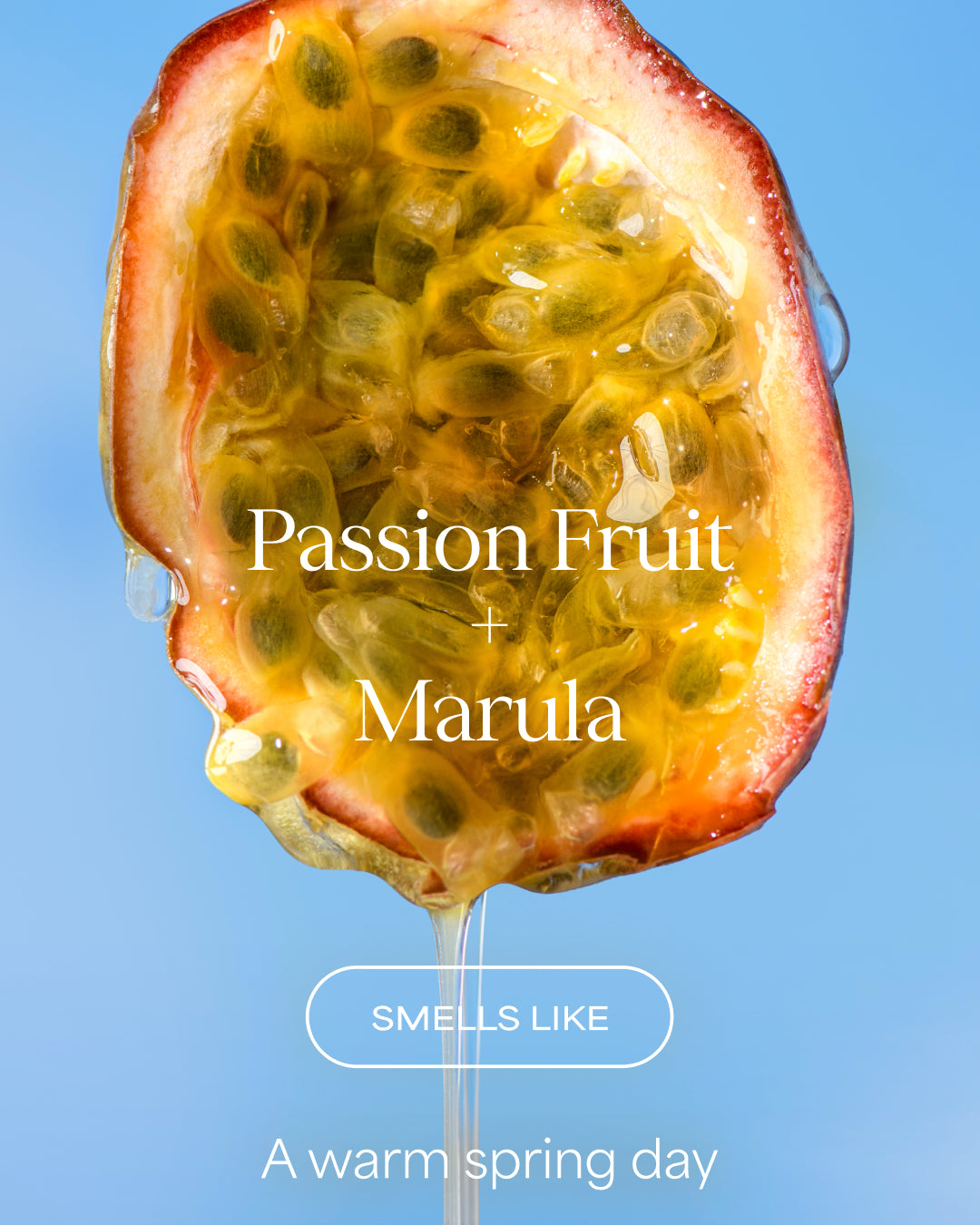 Passion fruit cut in half with seeds on a blue background, labeled 'Passion Fruit + Marula'.