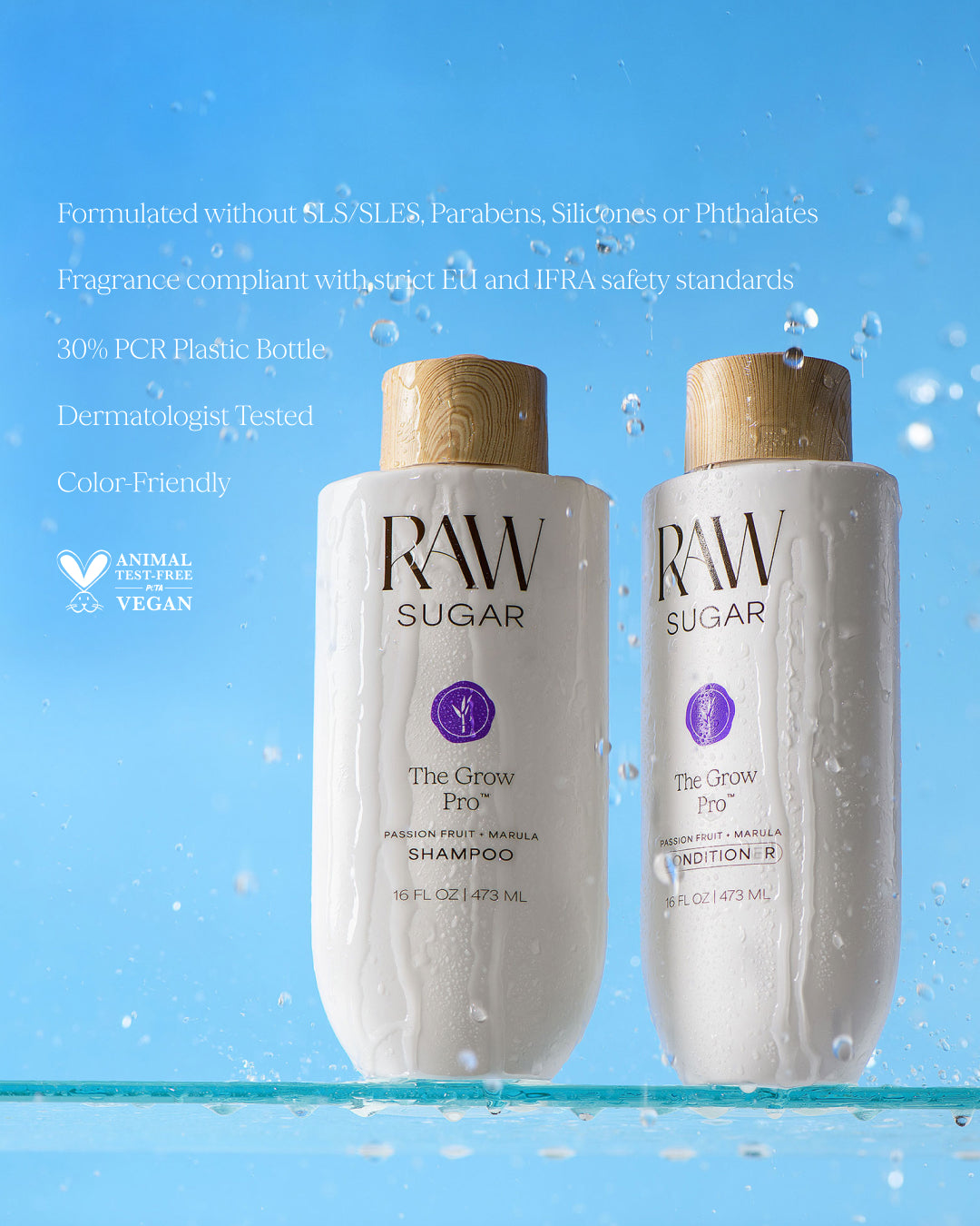 Two bottles of RAW Sugar shampoo and conditioner on a blue background with product details.