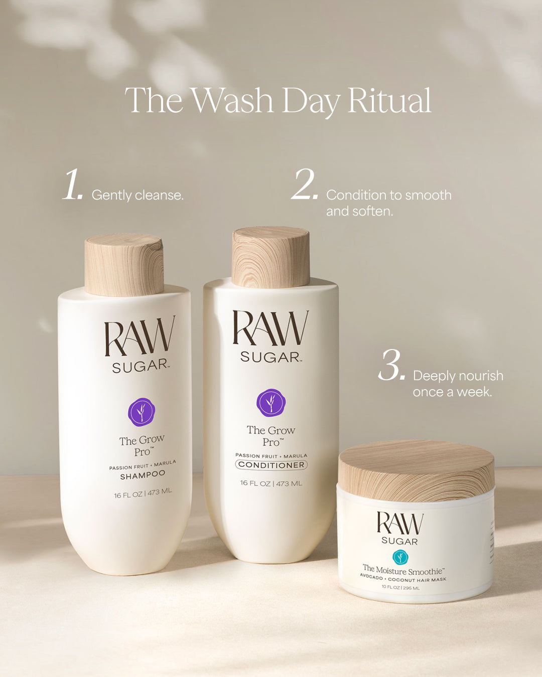 RAW Sugar hair care products with a neutral background for Grow Pro, designed to help strengthen hair with clean ingredients.