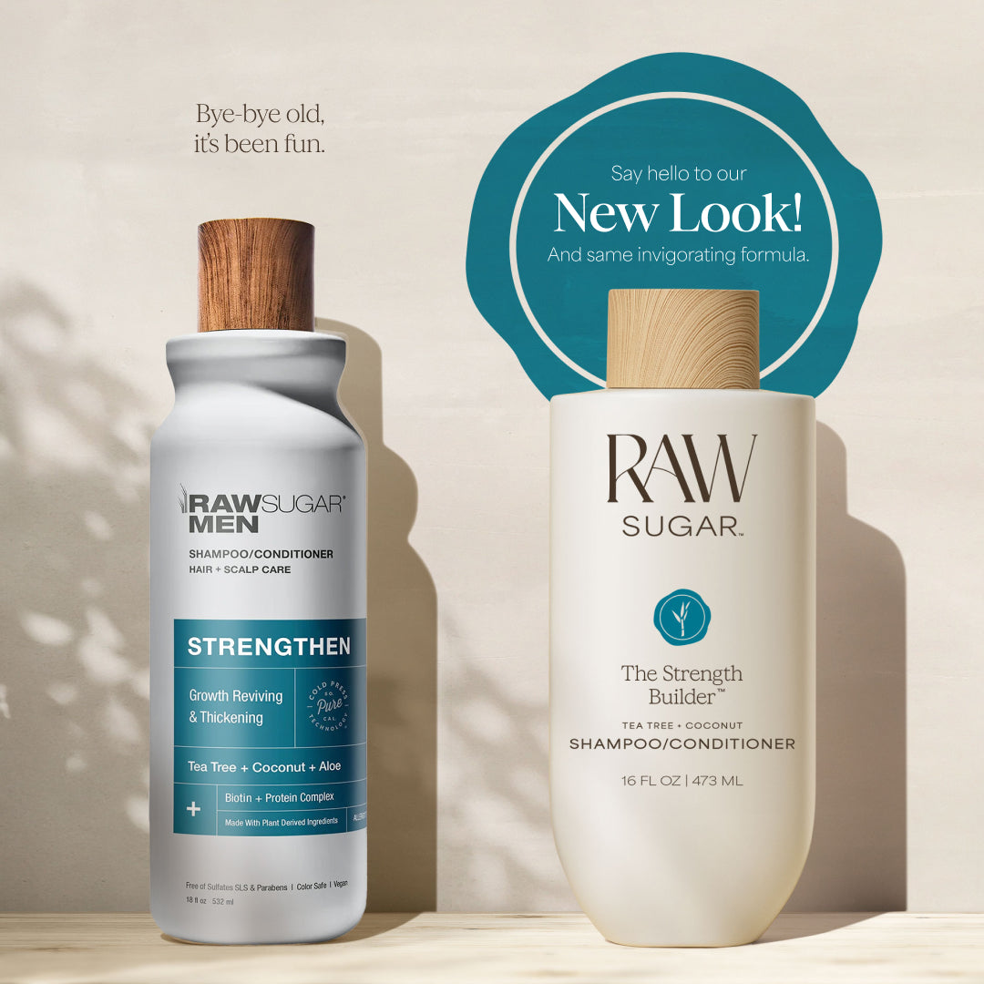 Two bottles of Raw Sugar Men shampoo and conditioner on a beige background with a 'New Look' label.