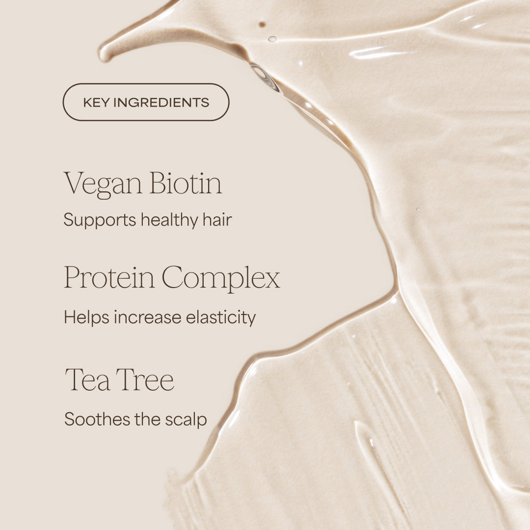 Product key ingredients listed with a close-up of a creamy texture.