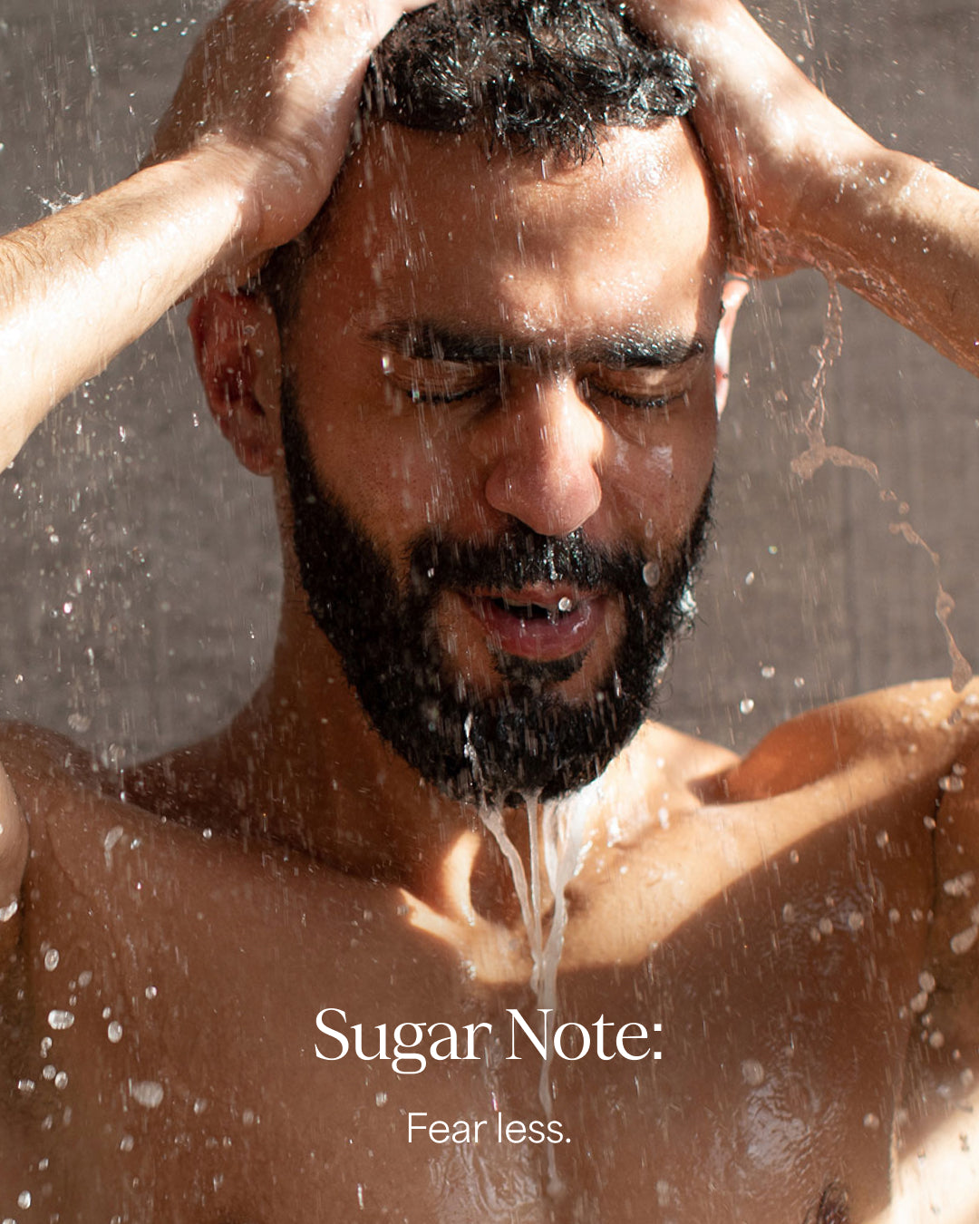 Man showering with water droplets around, featuring 'Sugar Note' branding.