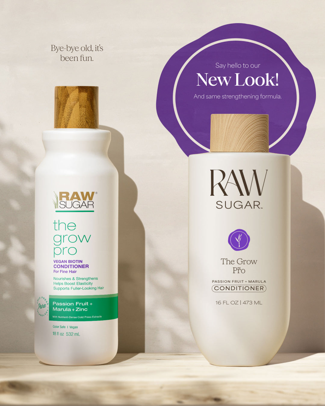 Two bottles of RAW Sugar hair care products on a wooden surface with a purple circle indicating a new look.