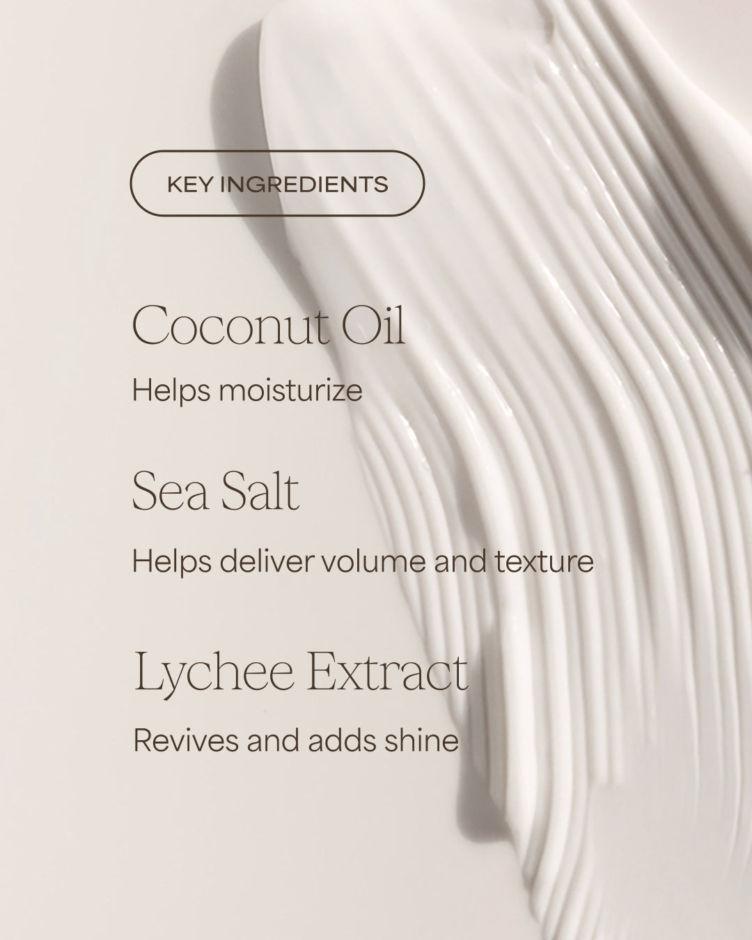 Text detailing key ingredients for hair care product with a close-up of conditioner goop