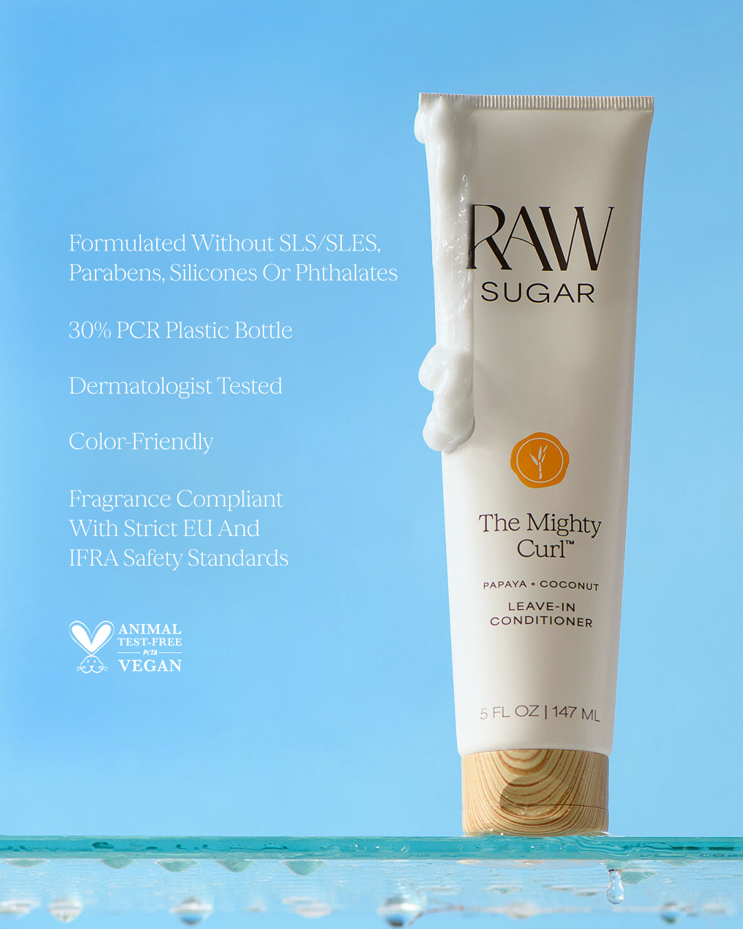 RAW Sugar cleave-in onditioner bottle with product details on a blue background