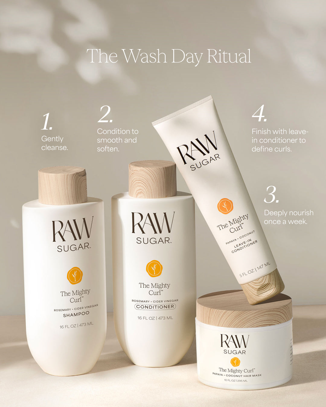 Raw Sugar hair care products with step-by-step instructions on a neutral background for curly hair