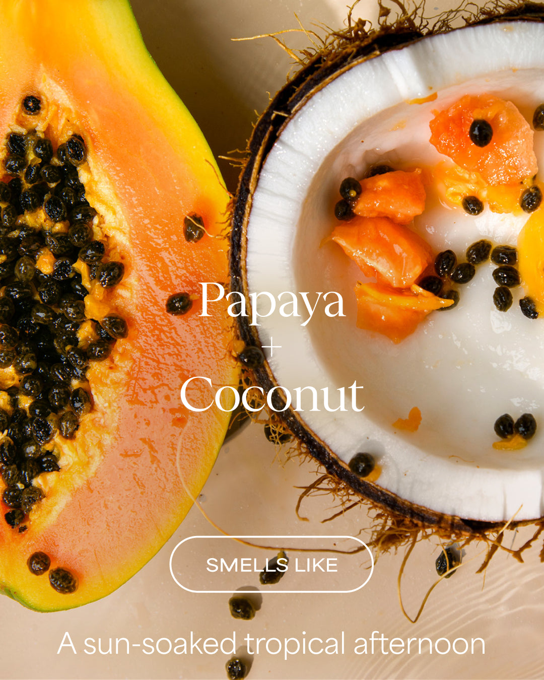 Half-cut papaya and coconut with text describing their combined aroma.