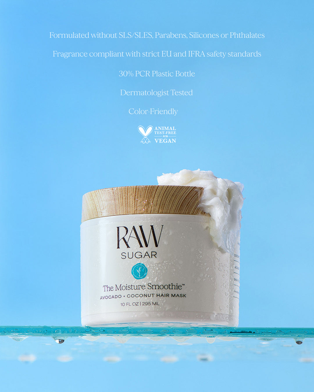 RAW Sugar hair mask jar with a wooden lid on a blue background, designed to help moisturize hair with clean ingredients.