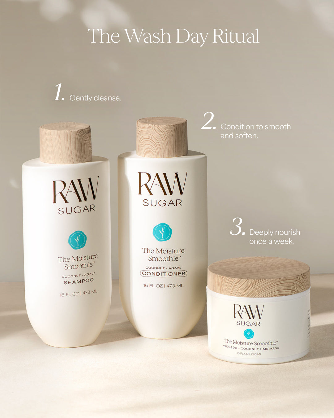 Three bottles of RAW Sugar hair care products on a neutral background with text indicating a 'Wash Day Ritual' to moisturize hair