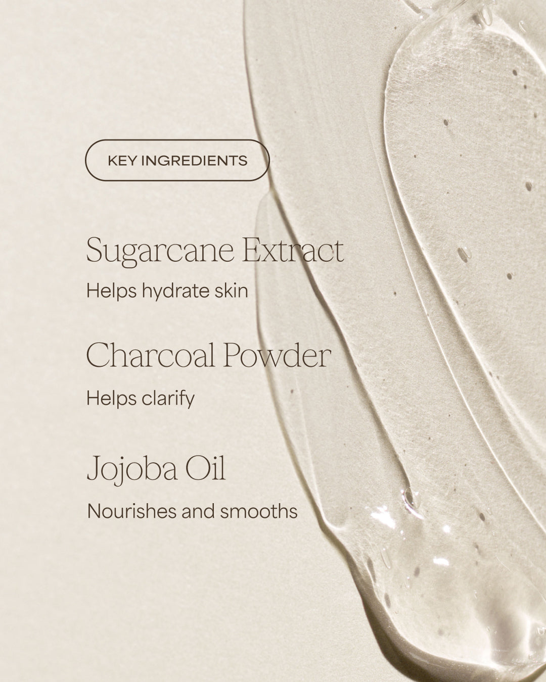 Product with key ingredients listed on a beige background