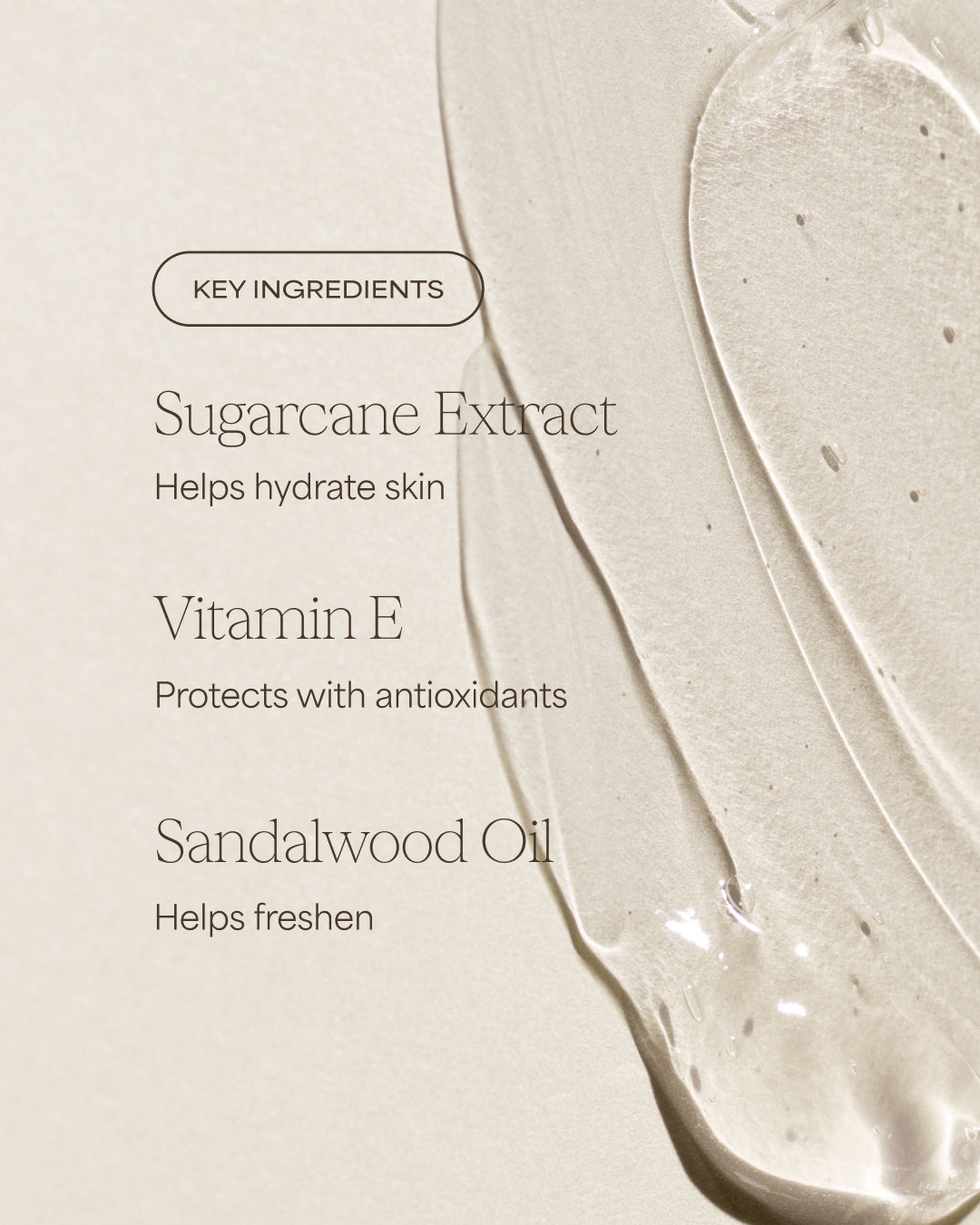 Product with key ingredients listed on a beige background