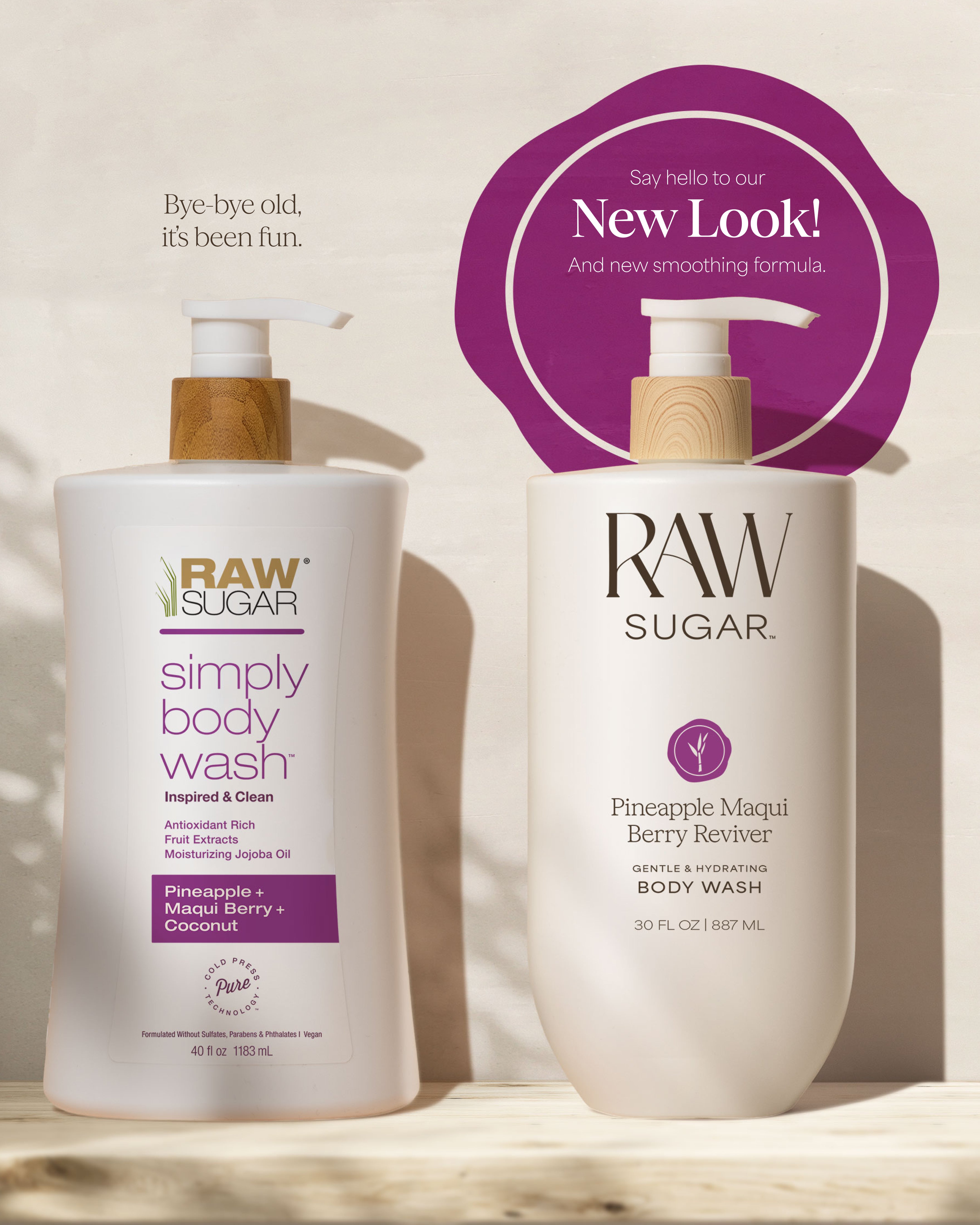 Two bottles of Raw Sugar body wash with a purple circular banner on a beige background.
