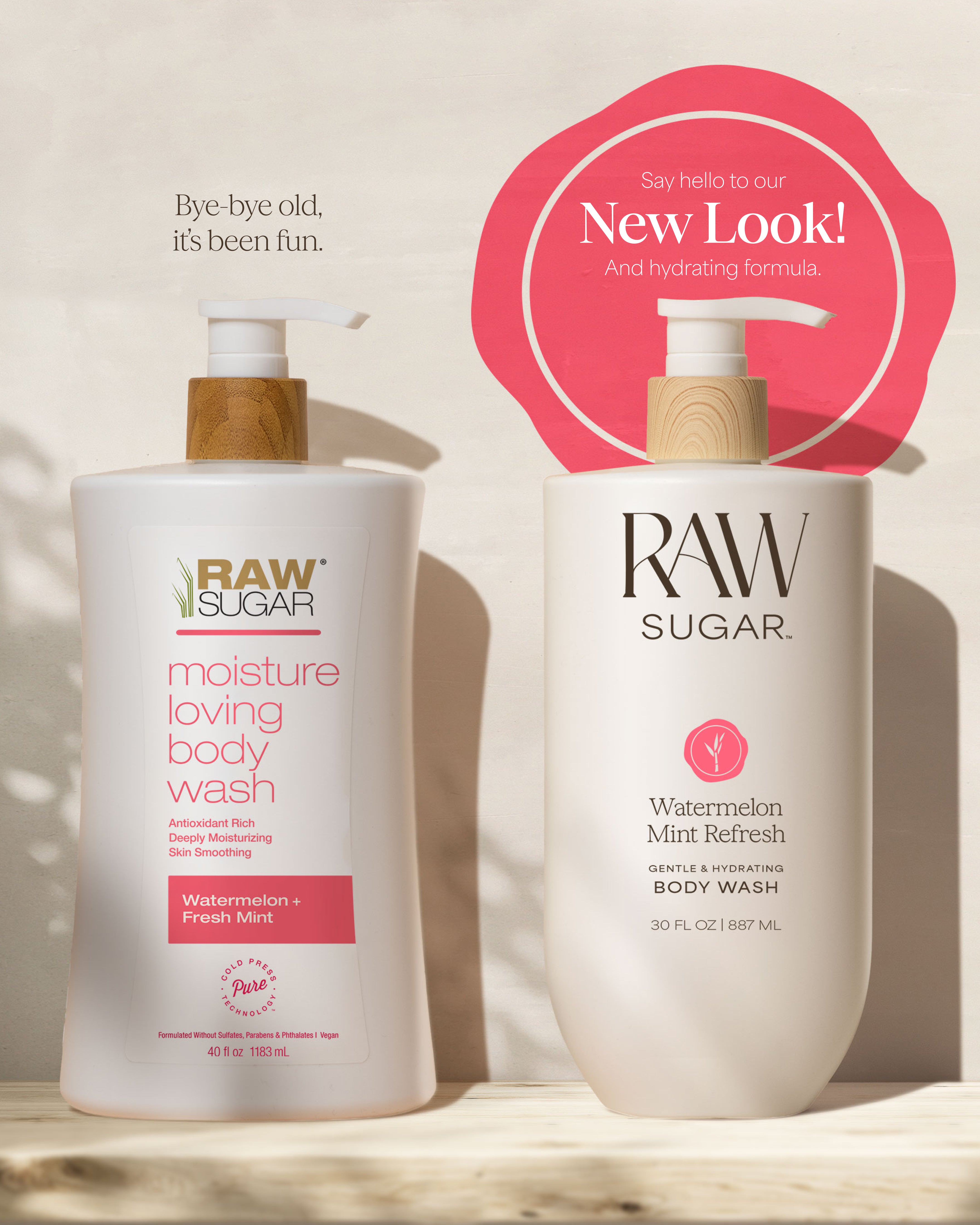 Two bottles of Raw Sugar body wash with a 'New Look' promotional graphic on a neutral background.