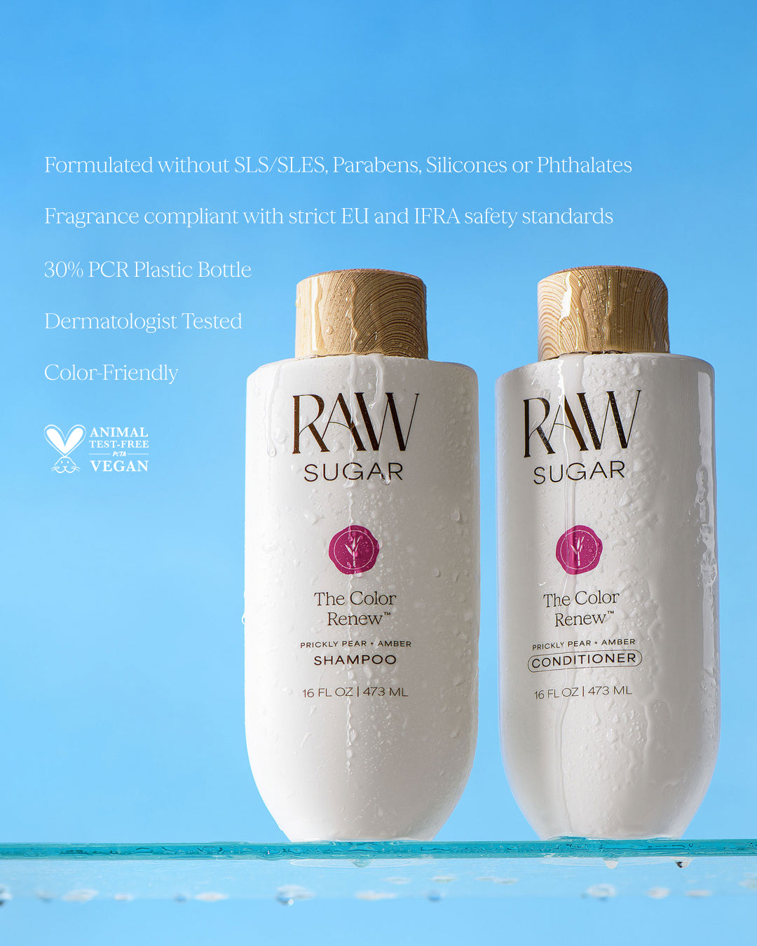 Two bottles of RAW Sugar shampoo and conditioner on a blue background