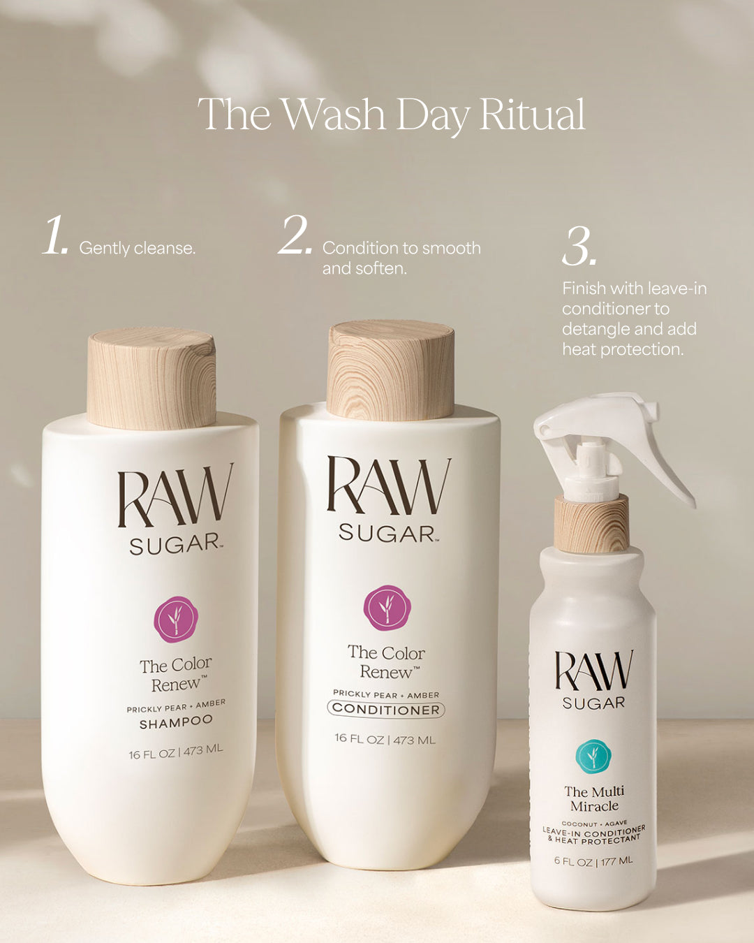 Three bottles of RAW Sugar hair care products on a neutral background with text describing a wash day ritual.