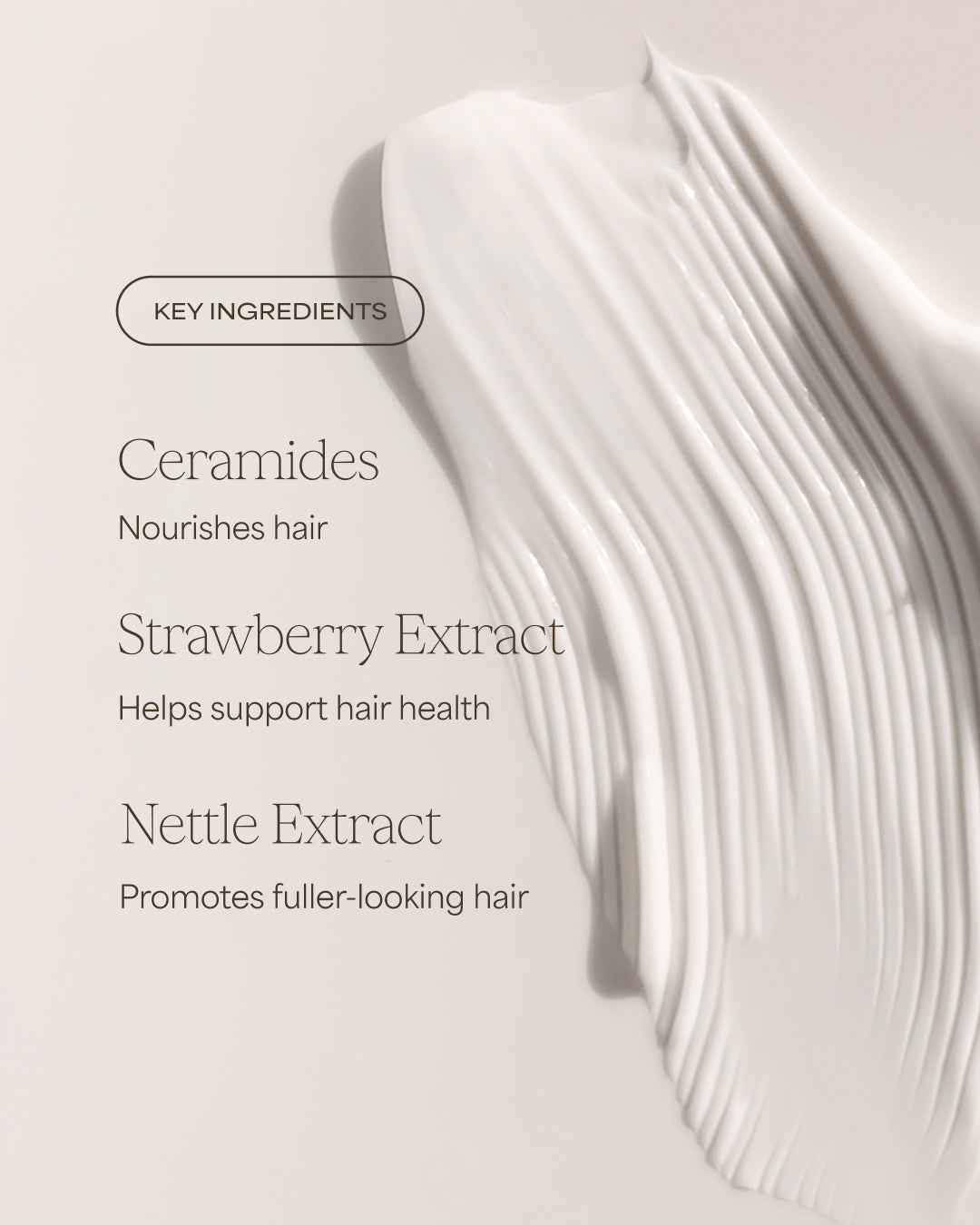 Product packaging with key ingredients for hair health on a light background