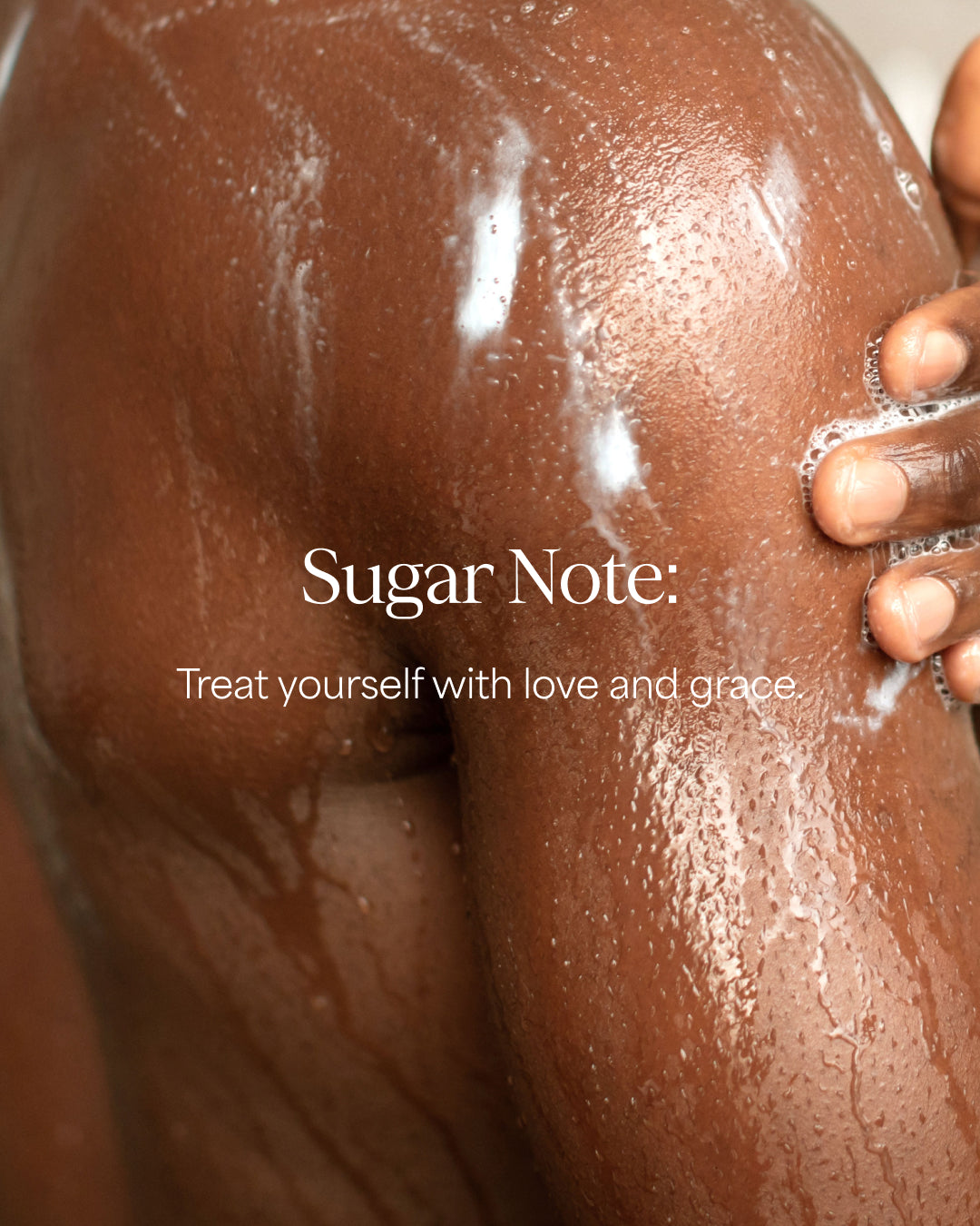 Close-up of a person's shoulder with a sugar scrub application, featuring the branding 'Sugar Note' for Raw Sugar Body Wash designed to help gently cleanse and hydrate skin with clean ingredients.