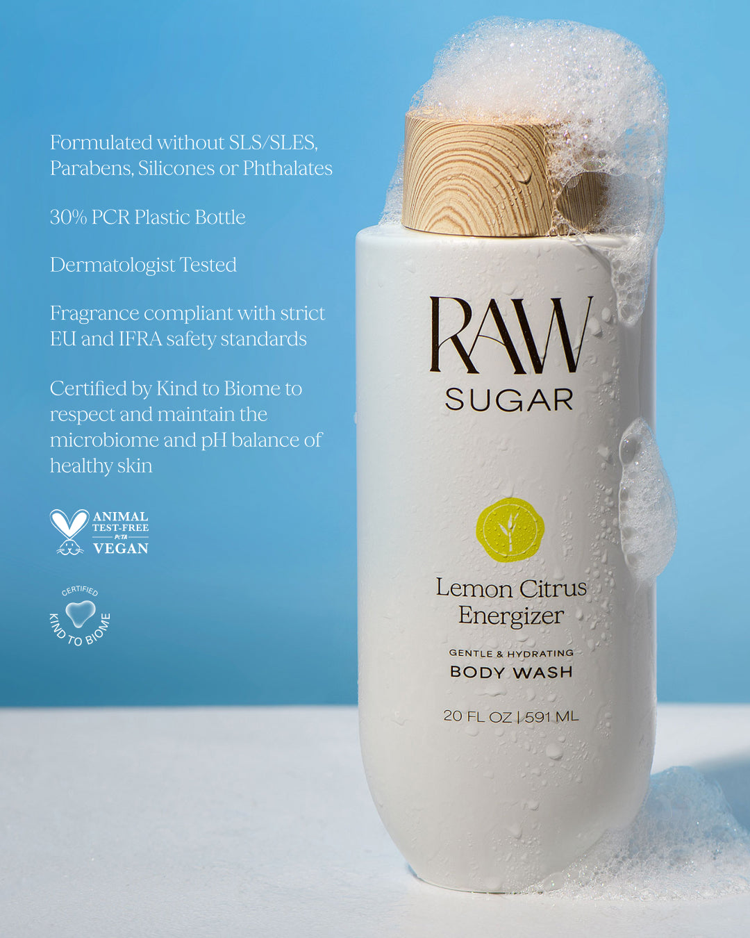 RAW Sugar Lemon Citrus Energizer body wash bottle with text on a blue background