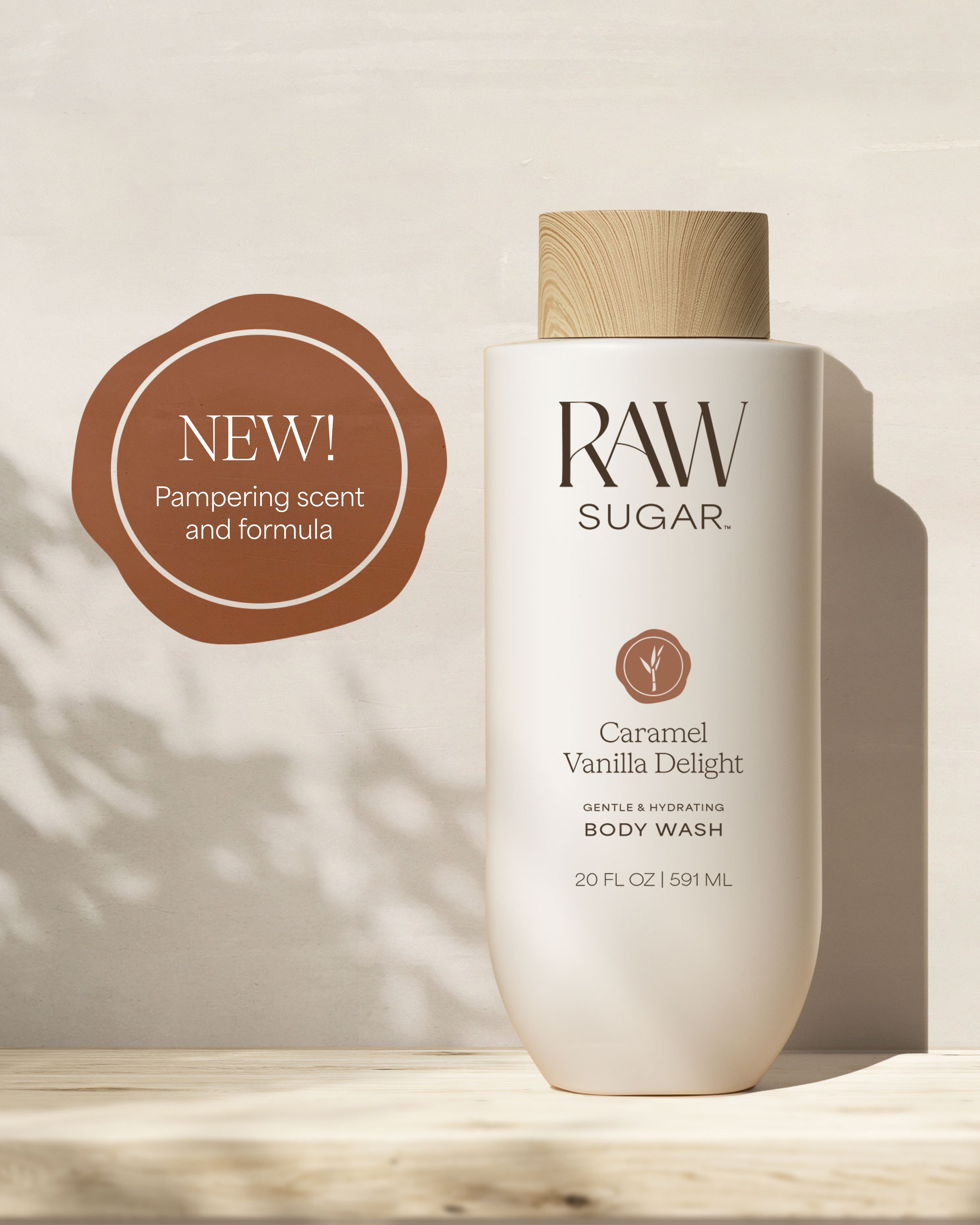 RAW Sugar Caramel Vanilla Delight body wash bottle on a neutral background, designed to help gently cleanse and hydrate skin with clean ingredients.