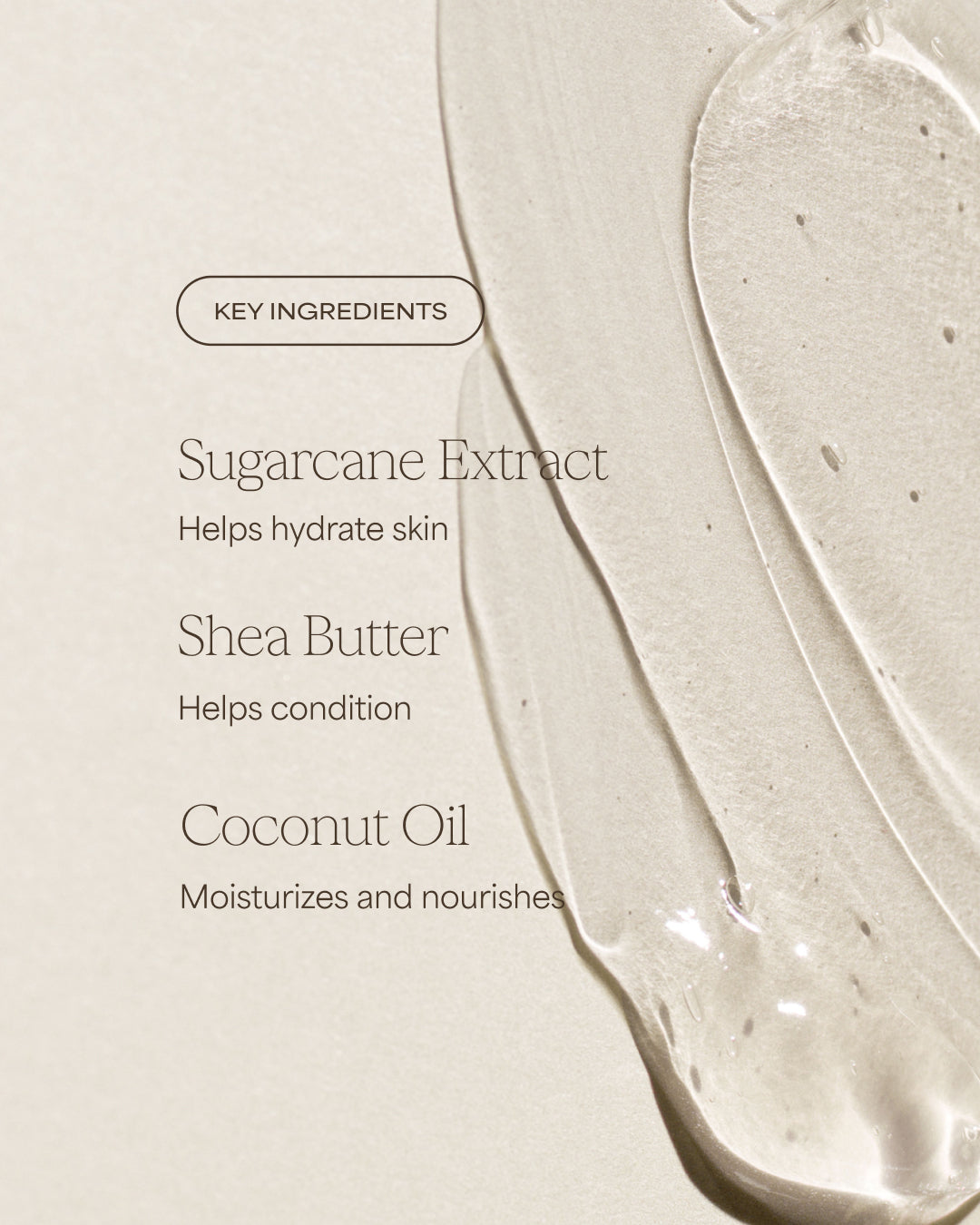 Key ingredients listed on a beige background for Raw Sugar Body Wash, designed to help gently cleanse and hydrate skin with clean ingredients.
