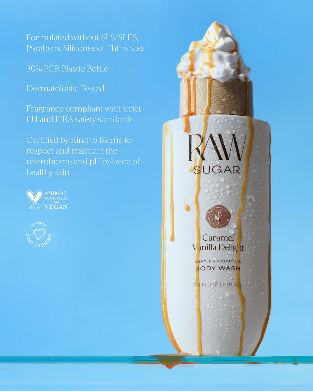RAW Sugar body wash bottle with caramel drizzle on a blue background