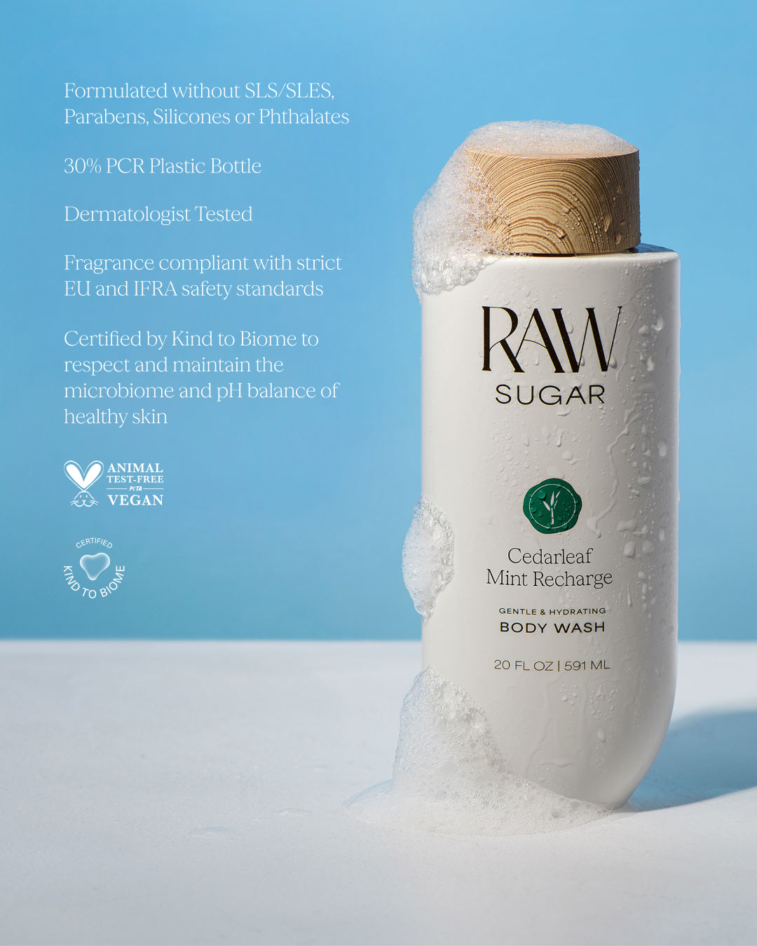 RAW Sugar body wash bottle with product details on a blue background, designed to help gently cleanse and hydrate skin with clean ingredients.