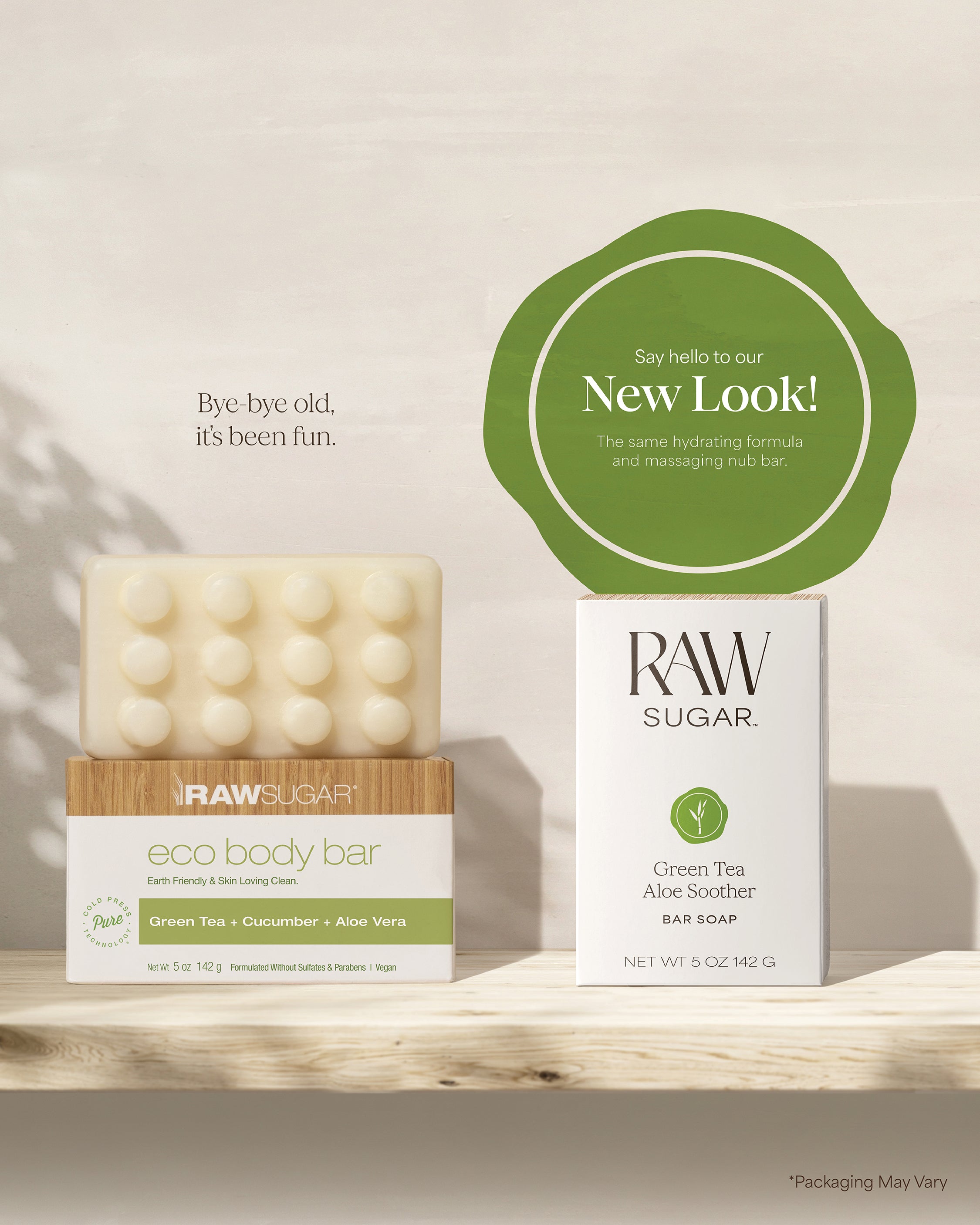 Raw Sugar eco body bar and packaging on a neutral background