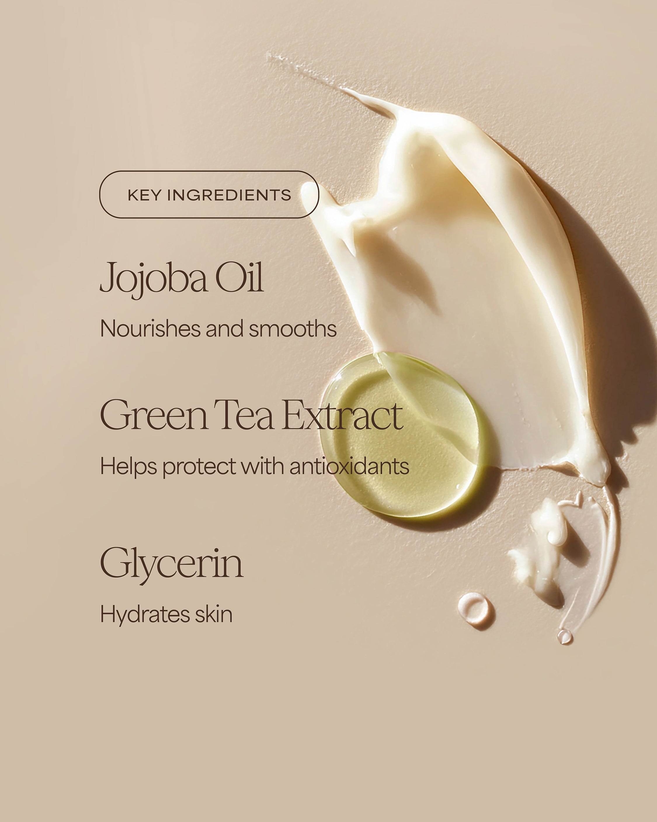 Product display with key ingredients listed on a beige background