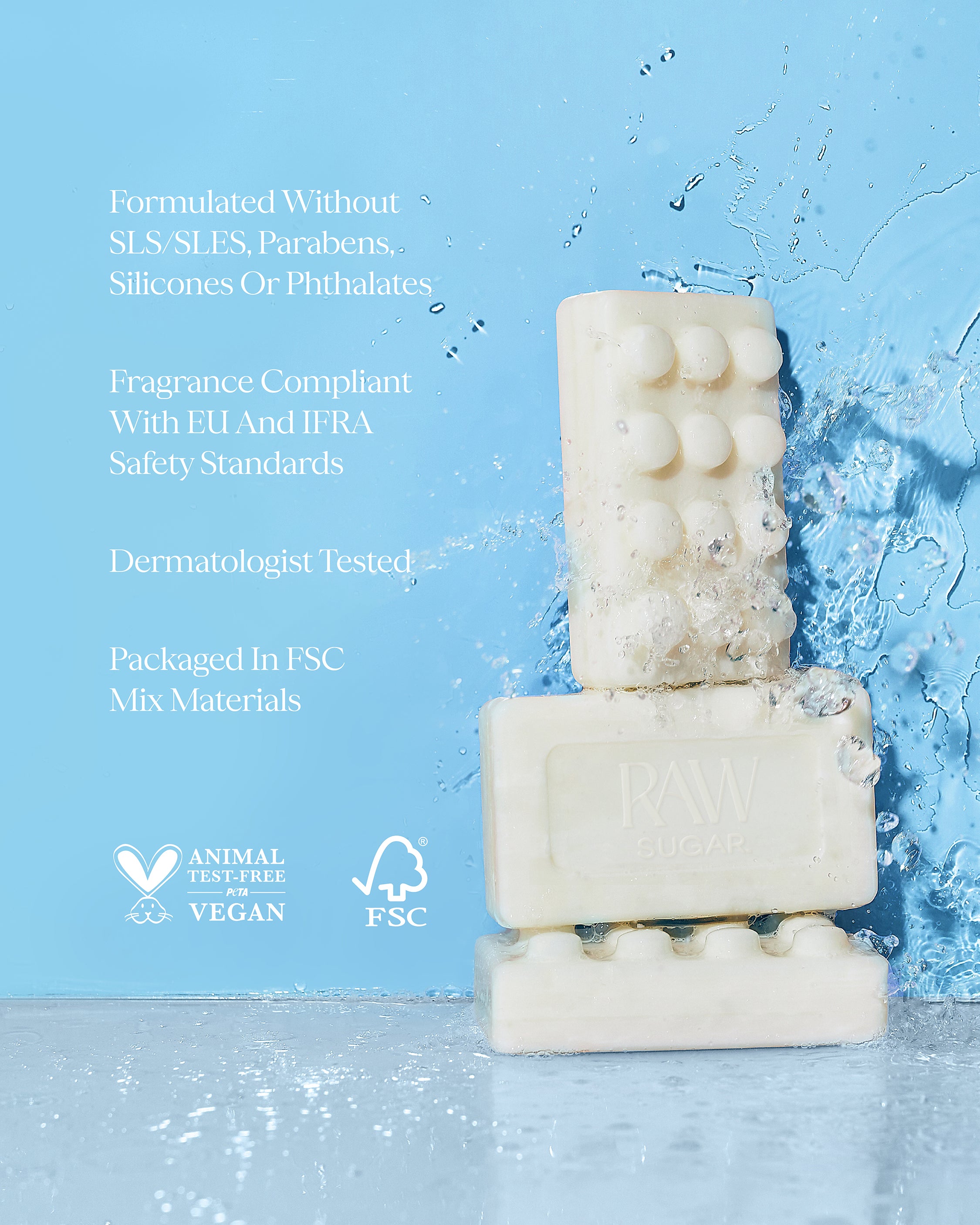 Three stacked soap bars with water droplets on a blue background, featuring sustainability and safety certification logos.