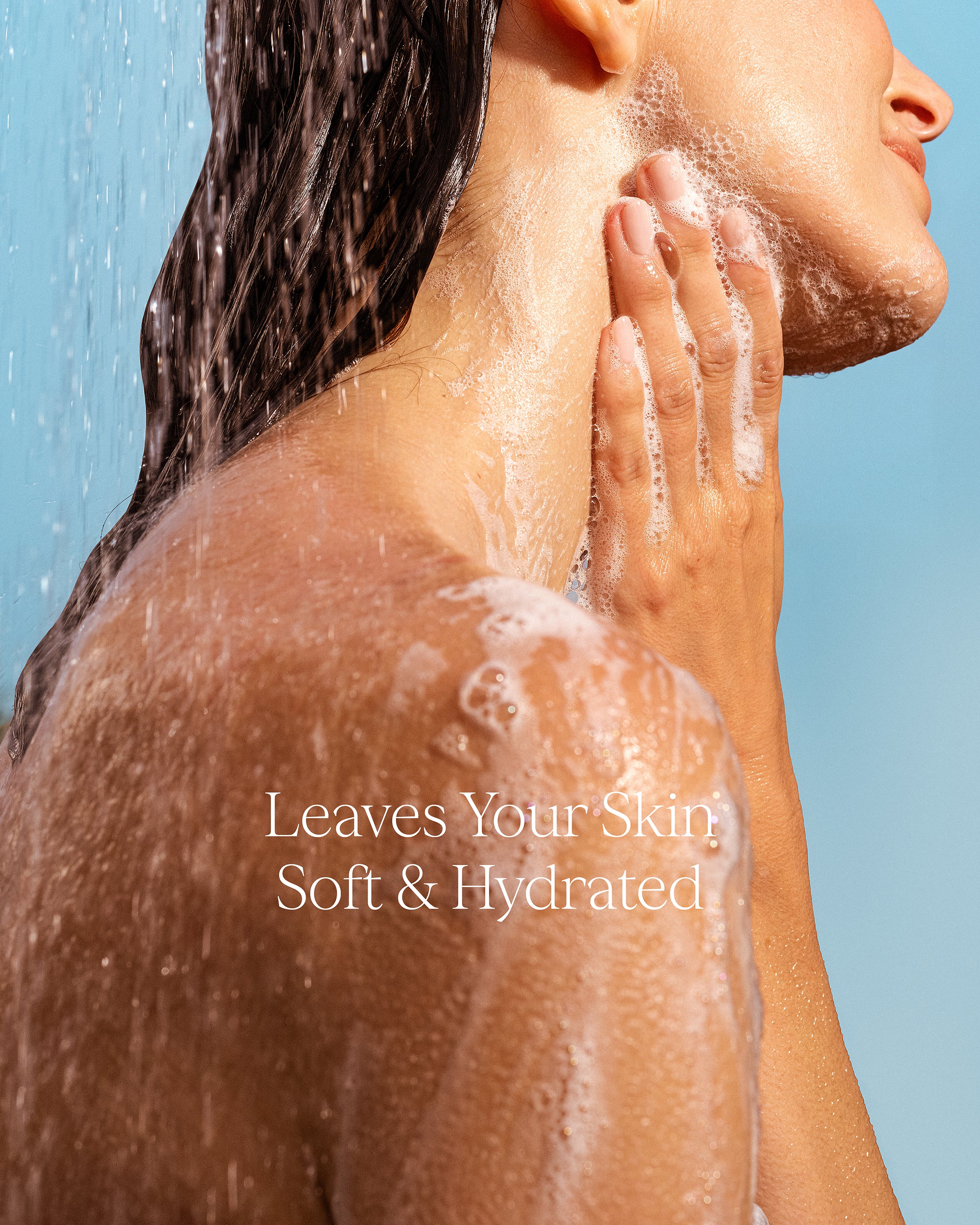 Person washing their face with water, with text 'Leaves Your Skin Soft & Hydrated' on a blue background