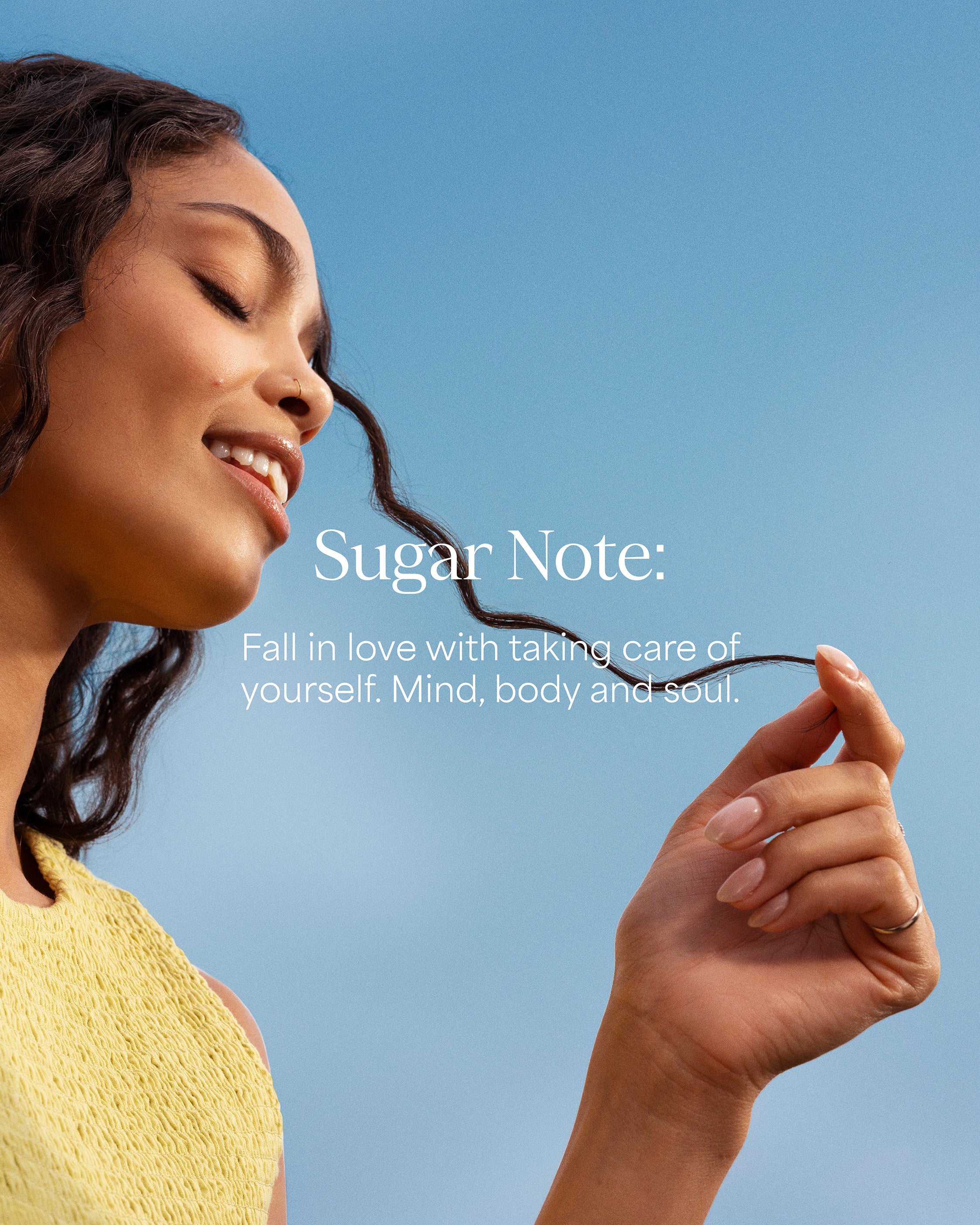 Woman holding a strand of hair with 'Sugar Note' branding and tagline.