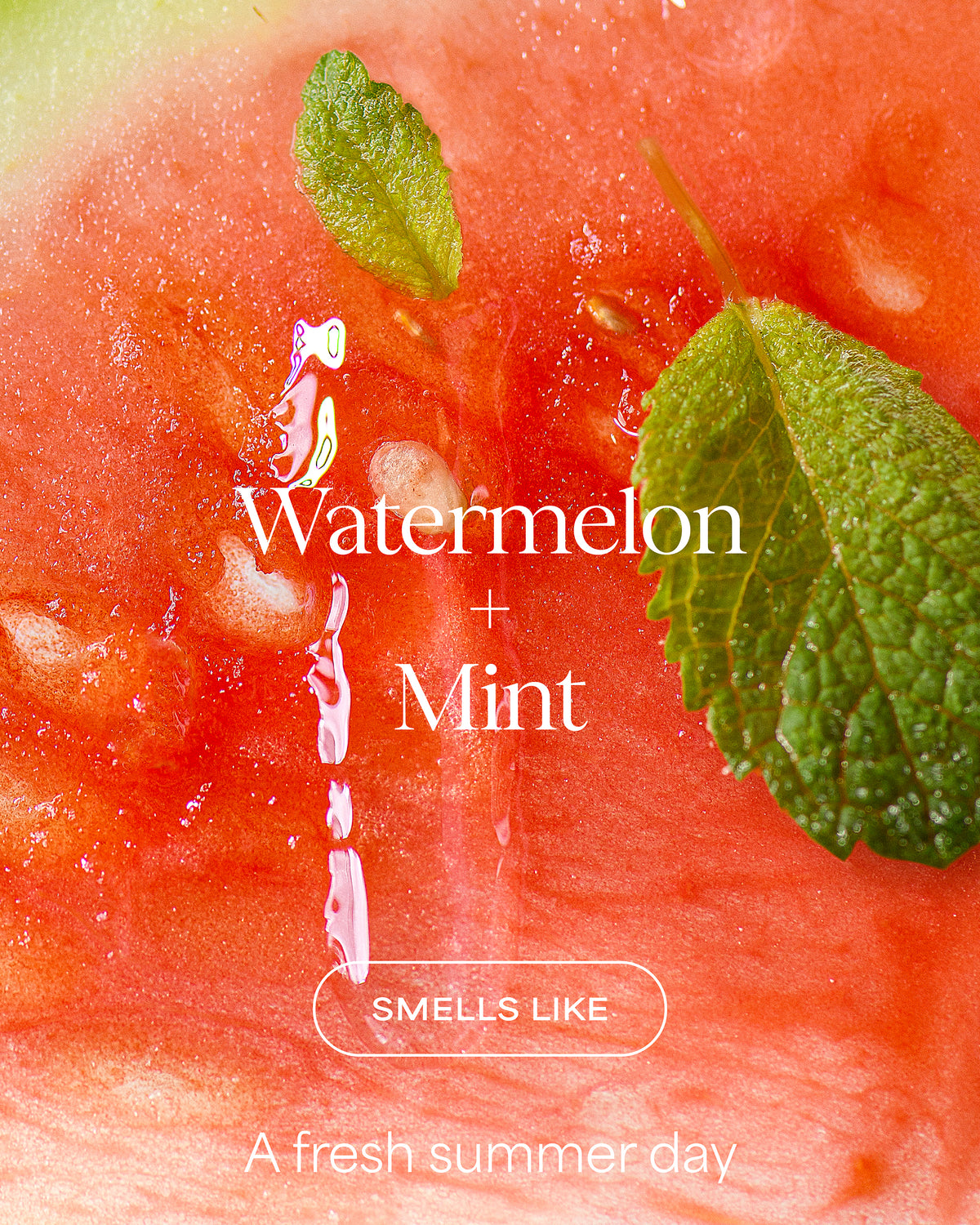 Close-up of watermelon with mint leaves and text 'Watermelon + Mint Smells Like A Fresh Summer Day'.