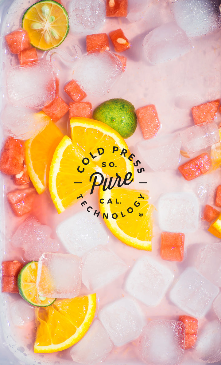 Cold Press Technology Logo over Ice with Orange Slices