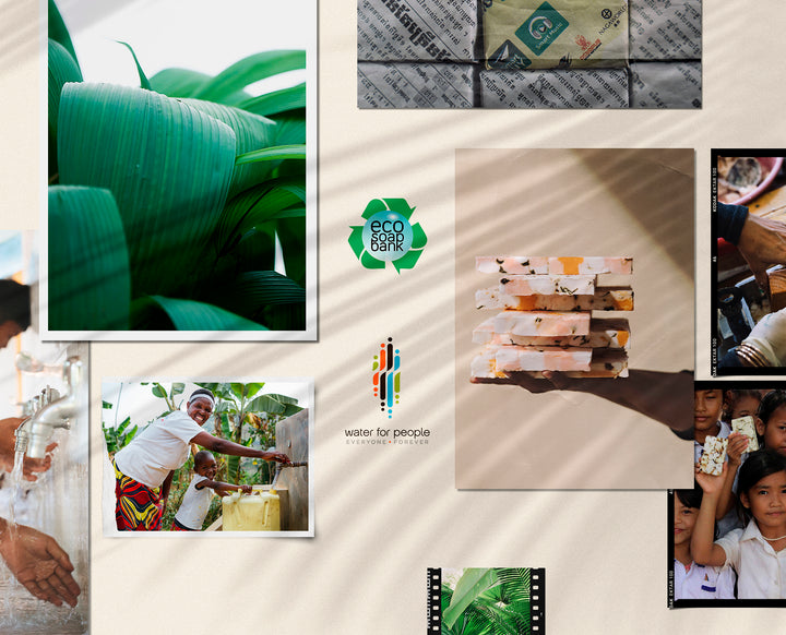 mood board of clean community with water for people and eco soap bank logos