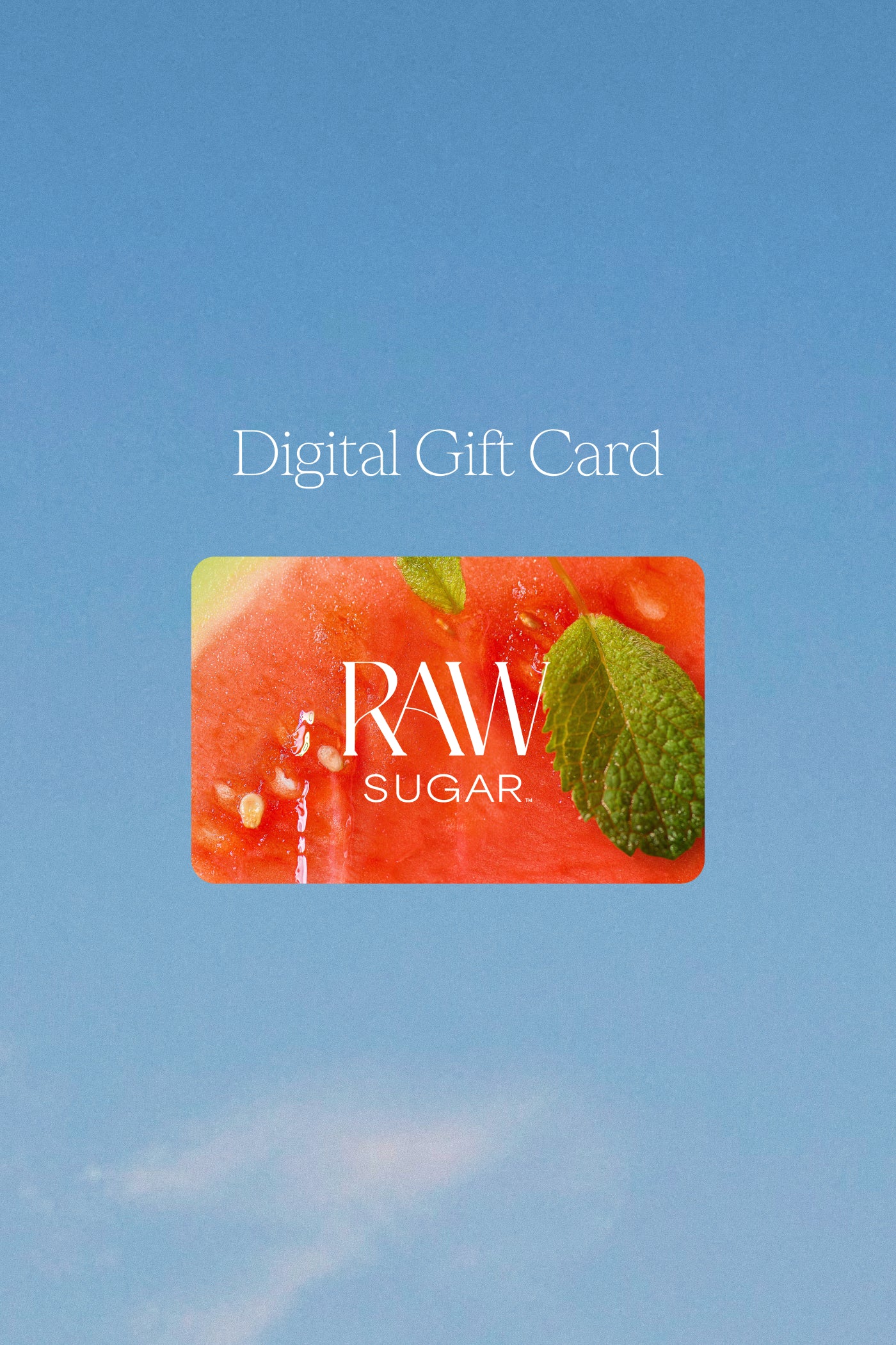 Digital gift card for 'Raw Sugar' with a blue sky background
