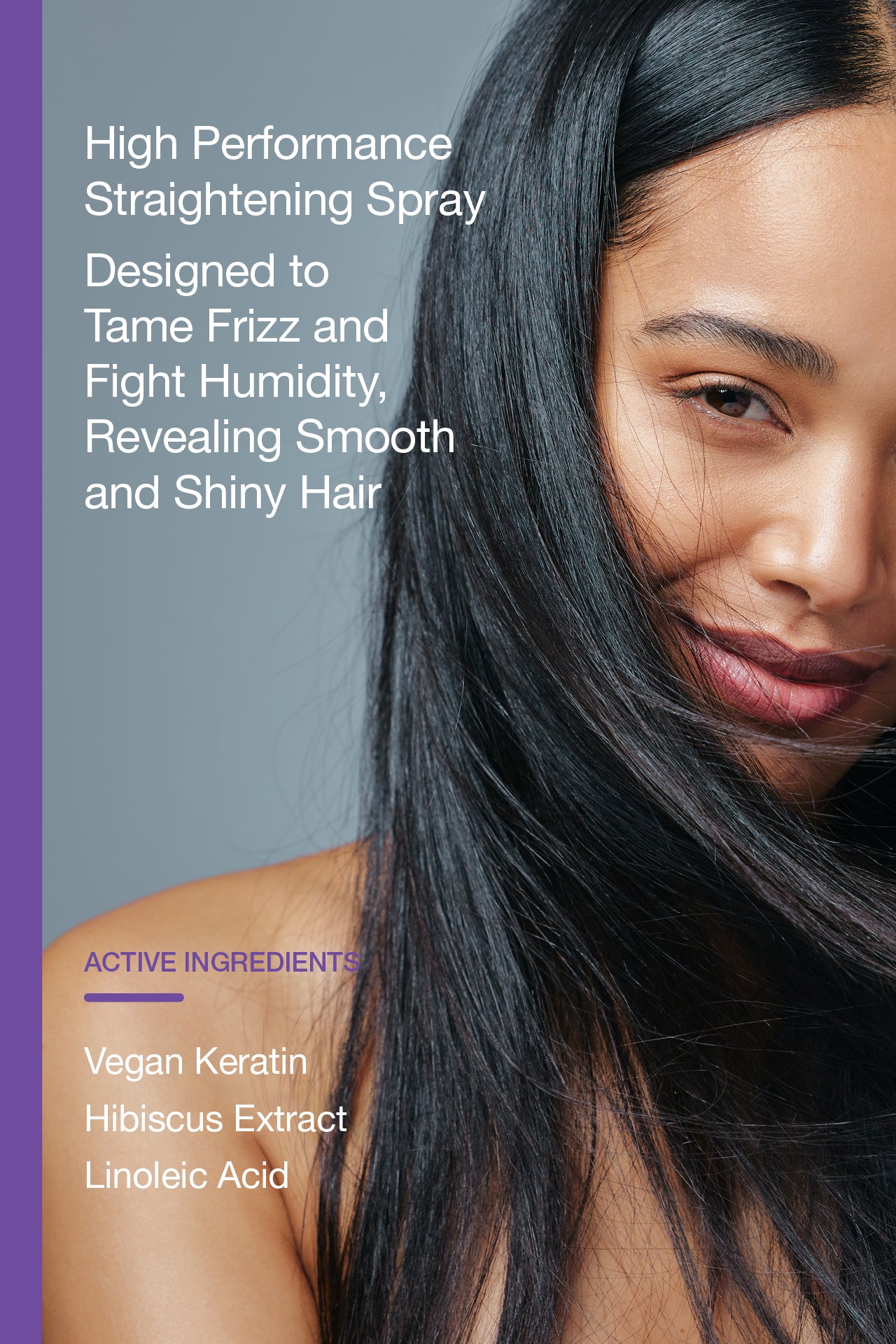 woman smiling with text overlay straightening spray
