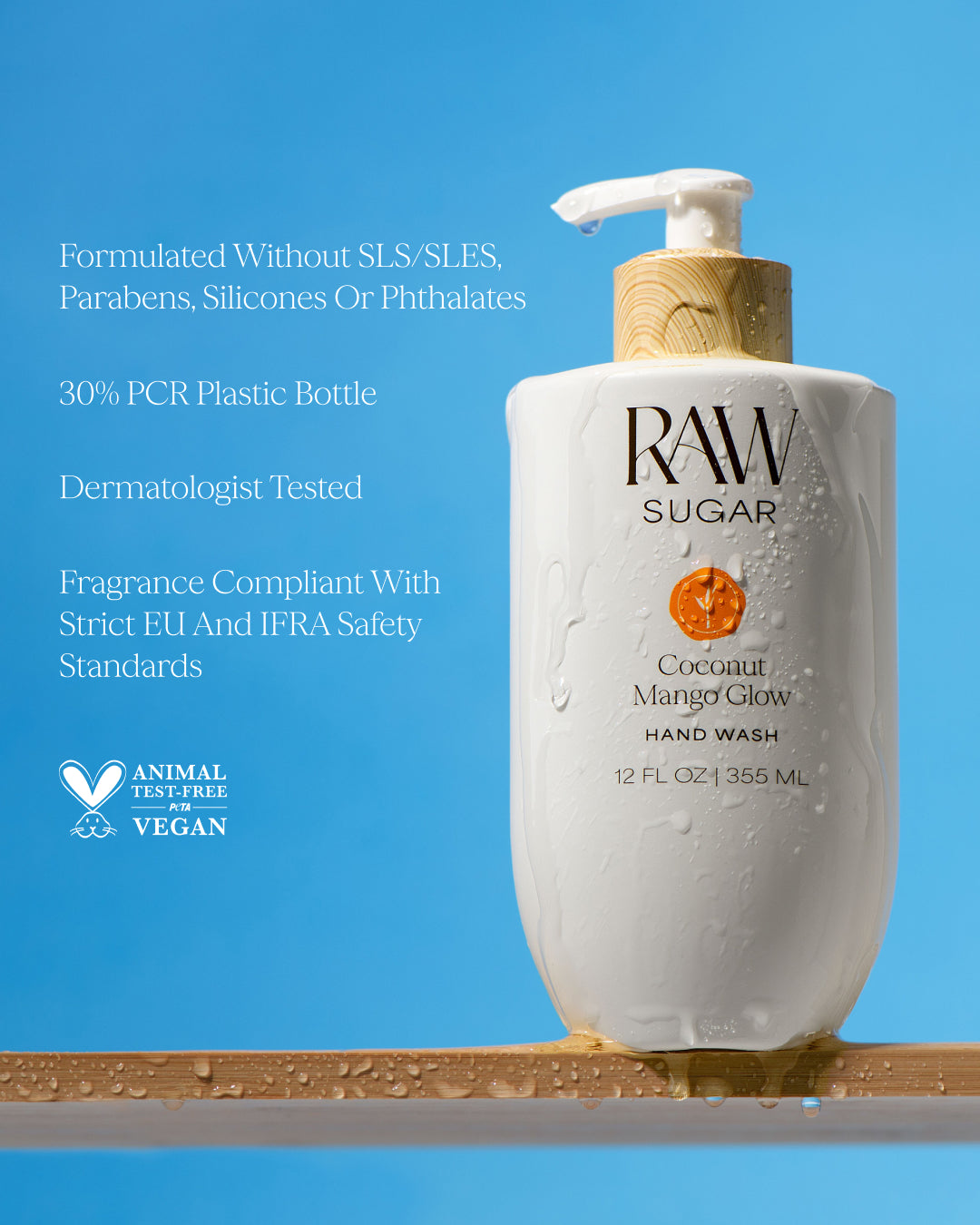 RAW Sugar hand wash bottle with pump on a blue background