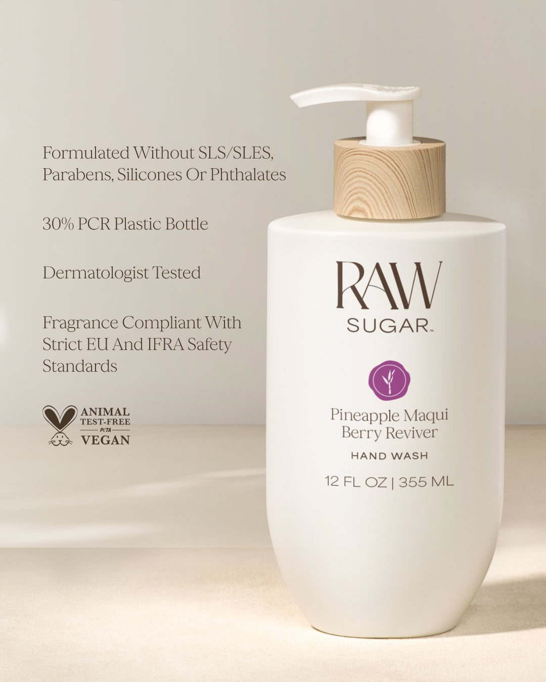 RAW Sugar hand wash bottle with pump on a light background, designed to help gently cleanse hands with clean ingredients.
