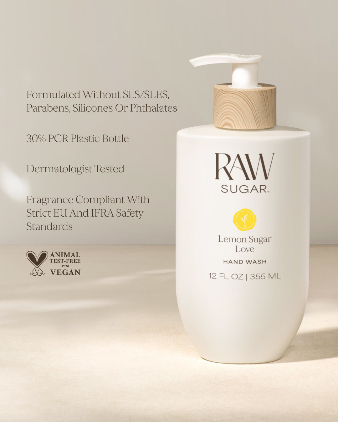 RAW Sugar Lemon Sugar Love hand wash bottle on a light background, designed to help gently cleanse hands with clean ingredients.