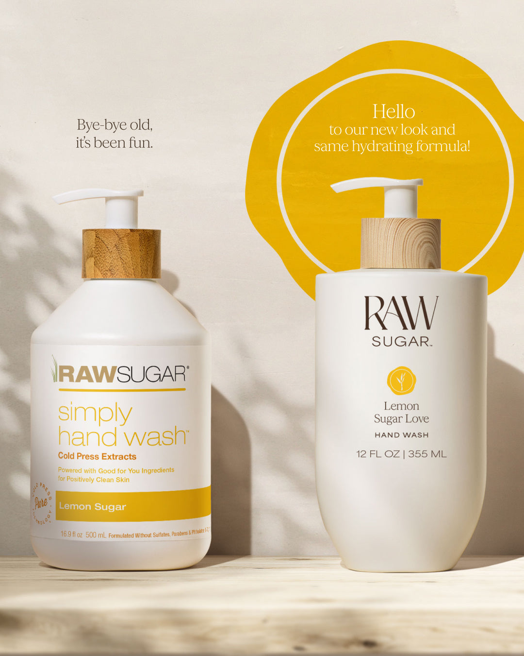 Two bottles of Raw Sugar hand wash on a light background