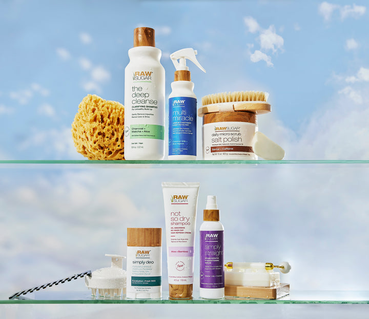 Set of Raw Sugar products. Clarifying shampoo, leave-in conditioner, daily micro scrub, deodorant, vegan keratin serum 