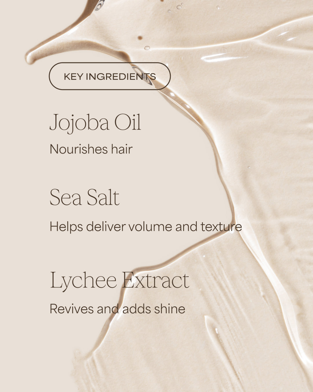 Product description card with key ingredients for hair care on a beige background