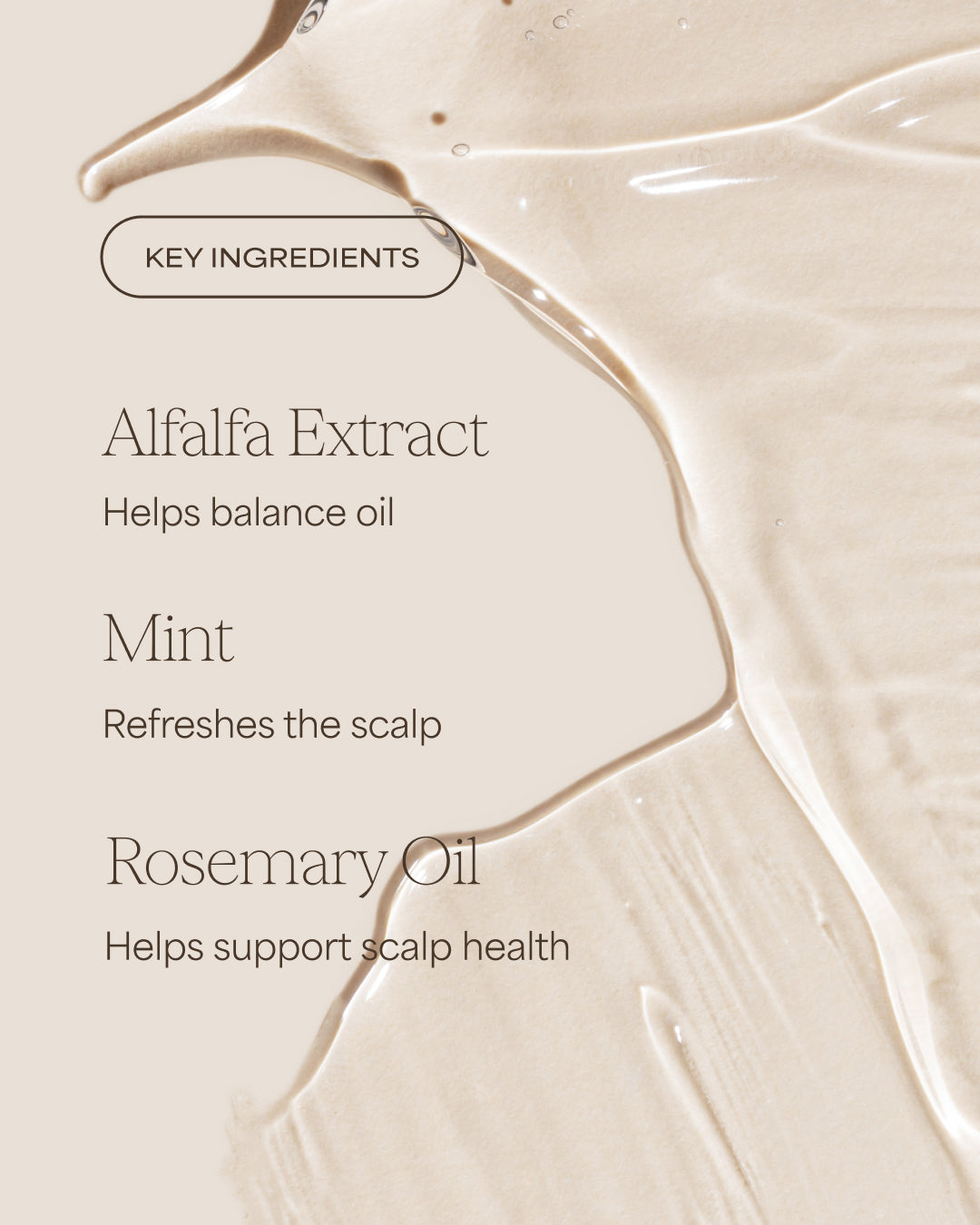 Shampoo with text detailing key ingredients like Alfalfa Extract, Mint, and Rosemary Oil on a beige background.