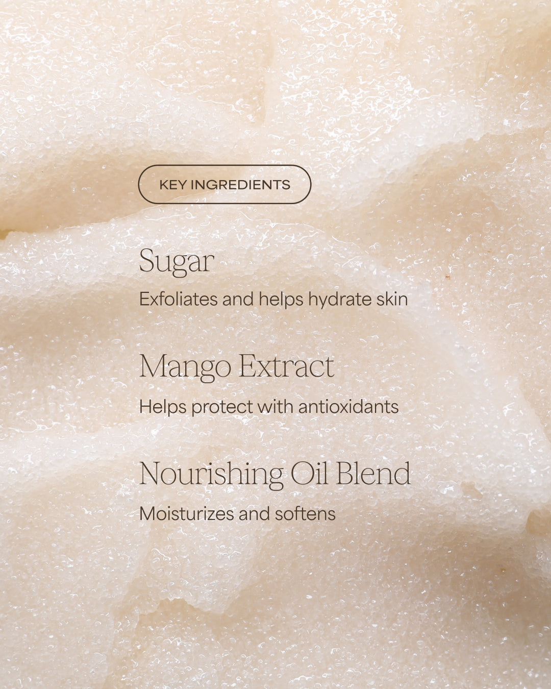 Close-up of sugar crystals with text detailing key ingredients for skincare.