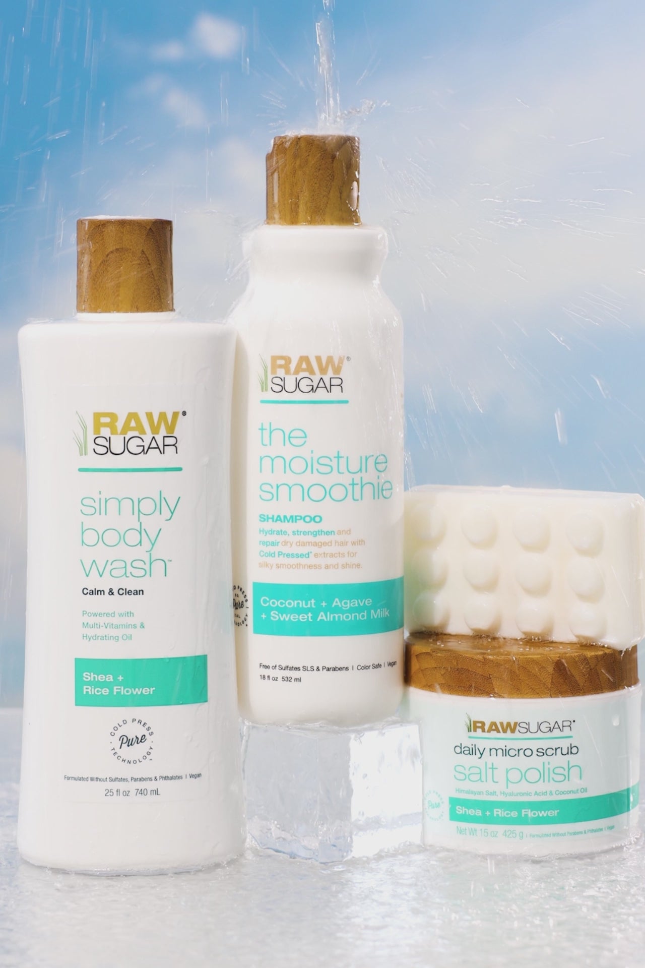 shea products with water falling on them